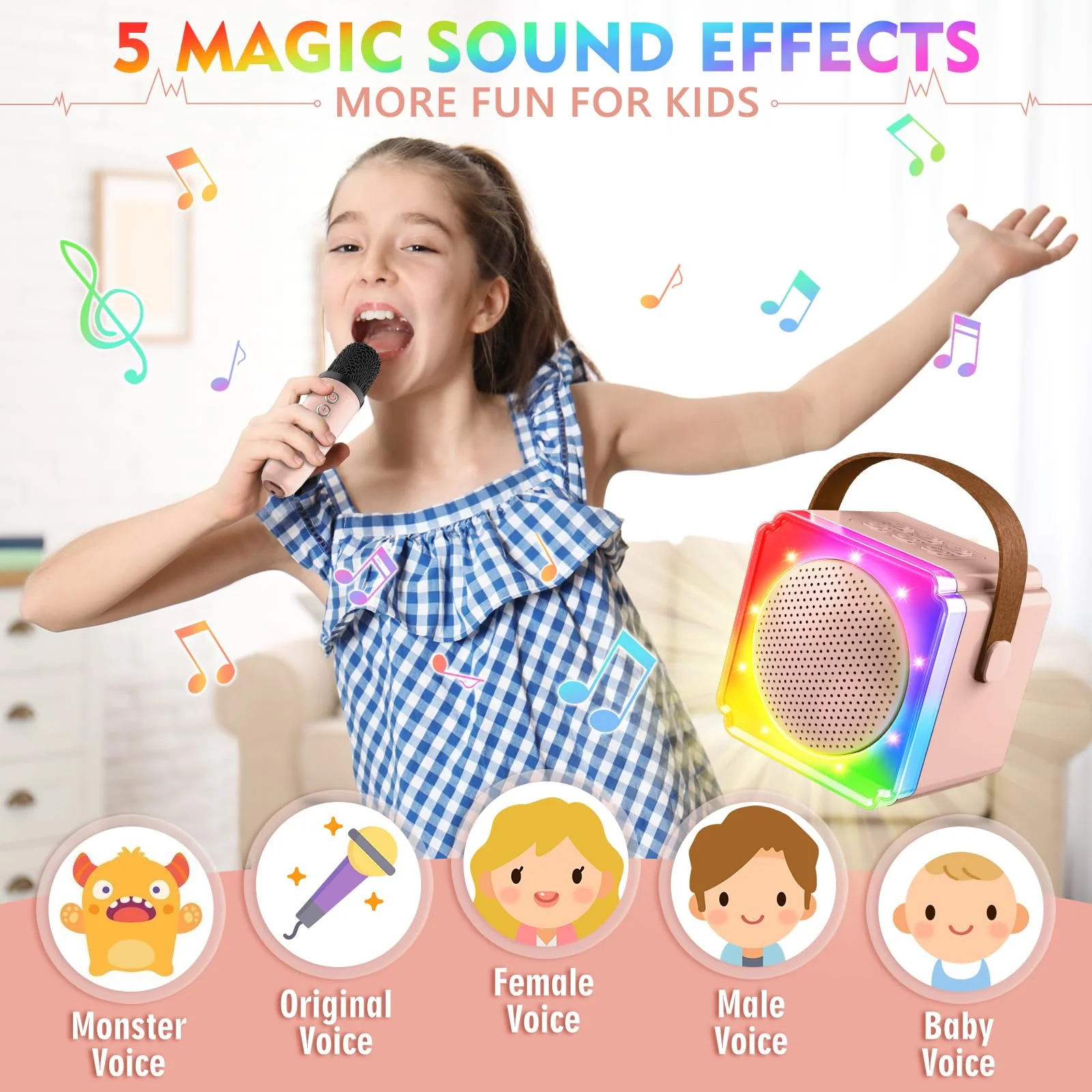 BAYSING Karaoke Machine for Kids, Portable Bluetooth Speaker with 2 Wireless Microphones, Mini Karaoke Machine with LED Light, Ideal Christmas, Birthday Toys Gift for 4, 5, 6, 7, 8, 9 Years Girl, Boy Pink - Image 2