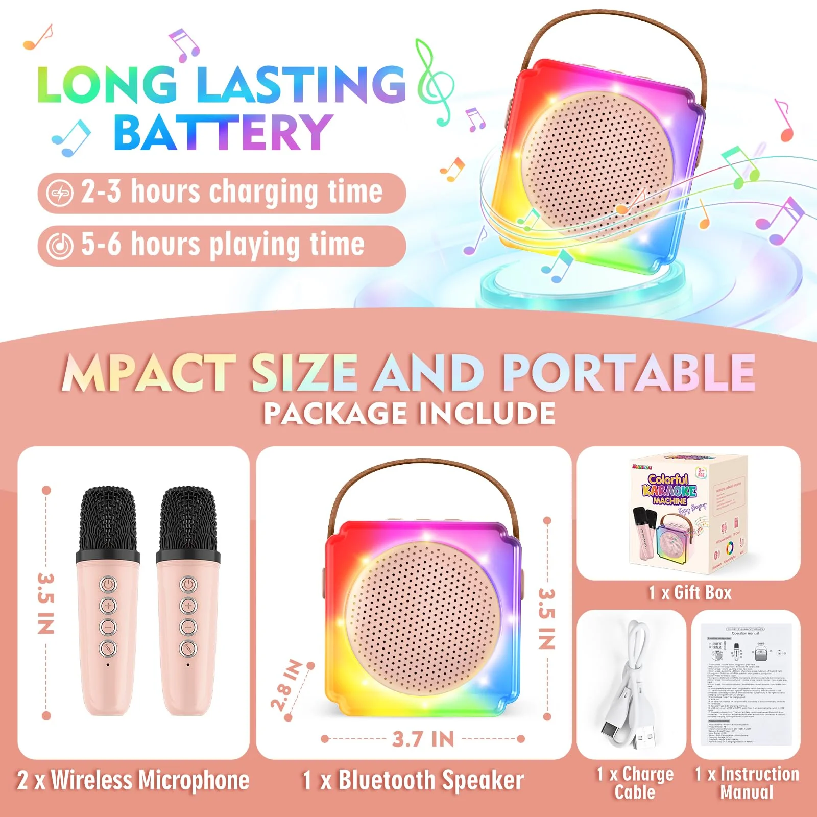 BAYSING Karaoke Machine for Kids, Portable Bluetooth Speaker with 2 Wireless Microphones, Mini Karaoke Machine with LED Light, Ideal Christmas, Birthday Toys Gift for 4, 5, 6, 7, 8, 9 Years Girl, Boy Pink - Image 5