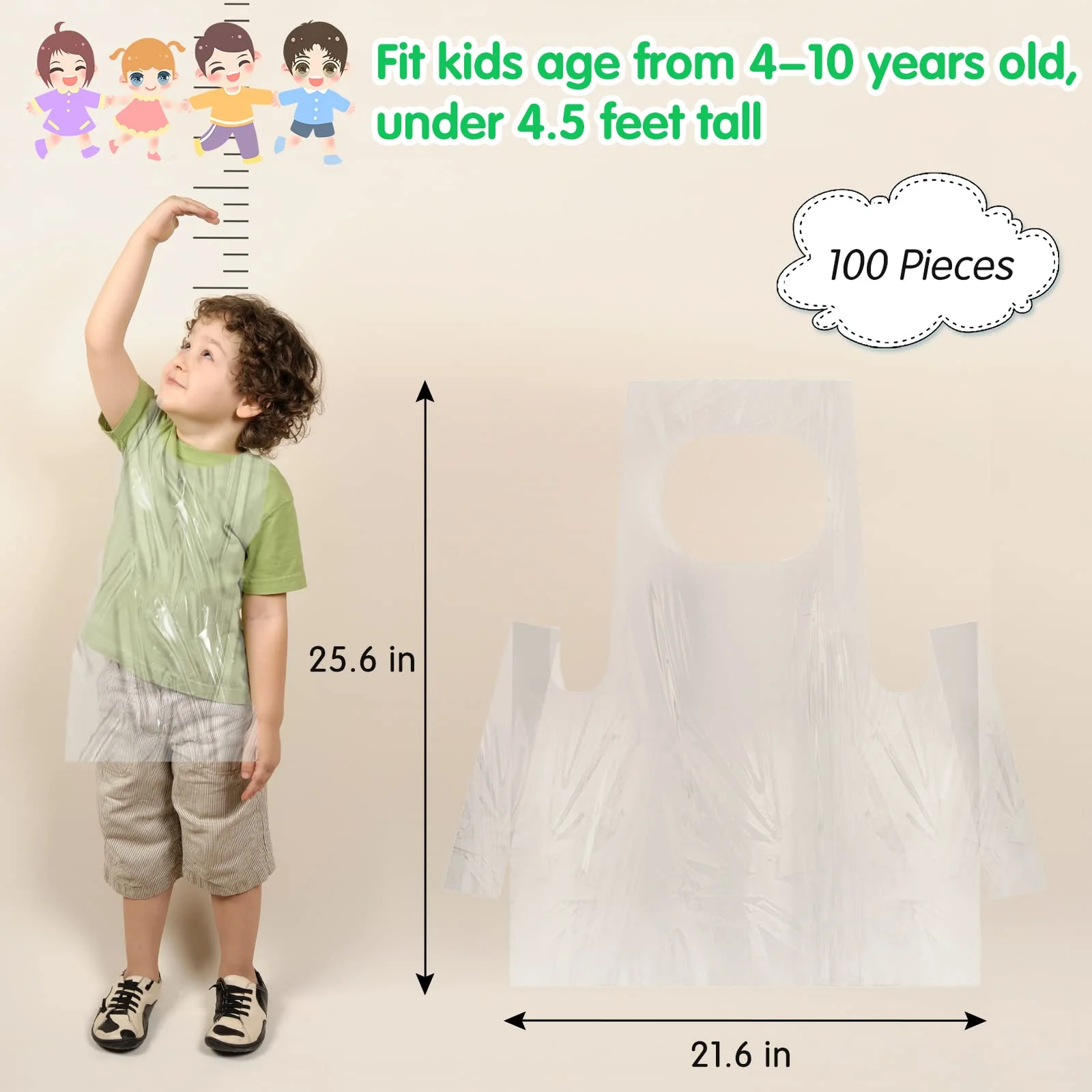 Bazen 100 Pieces Disposable Aprons for Kids Plastic Smocks Clear kids Apron for Toddler Waterproof Oil Proof Art Children Apron for Painting Cooking Eating Teaching Picnic DIY Craft - Image 2