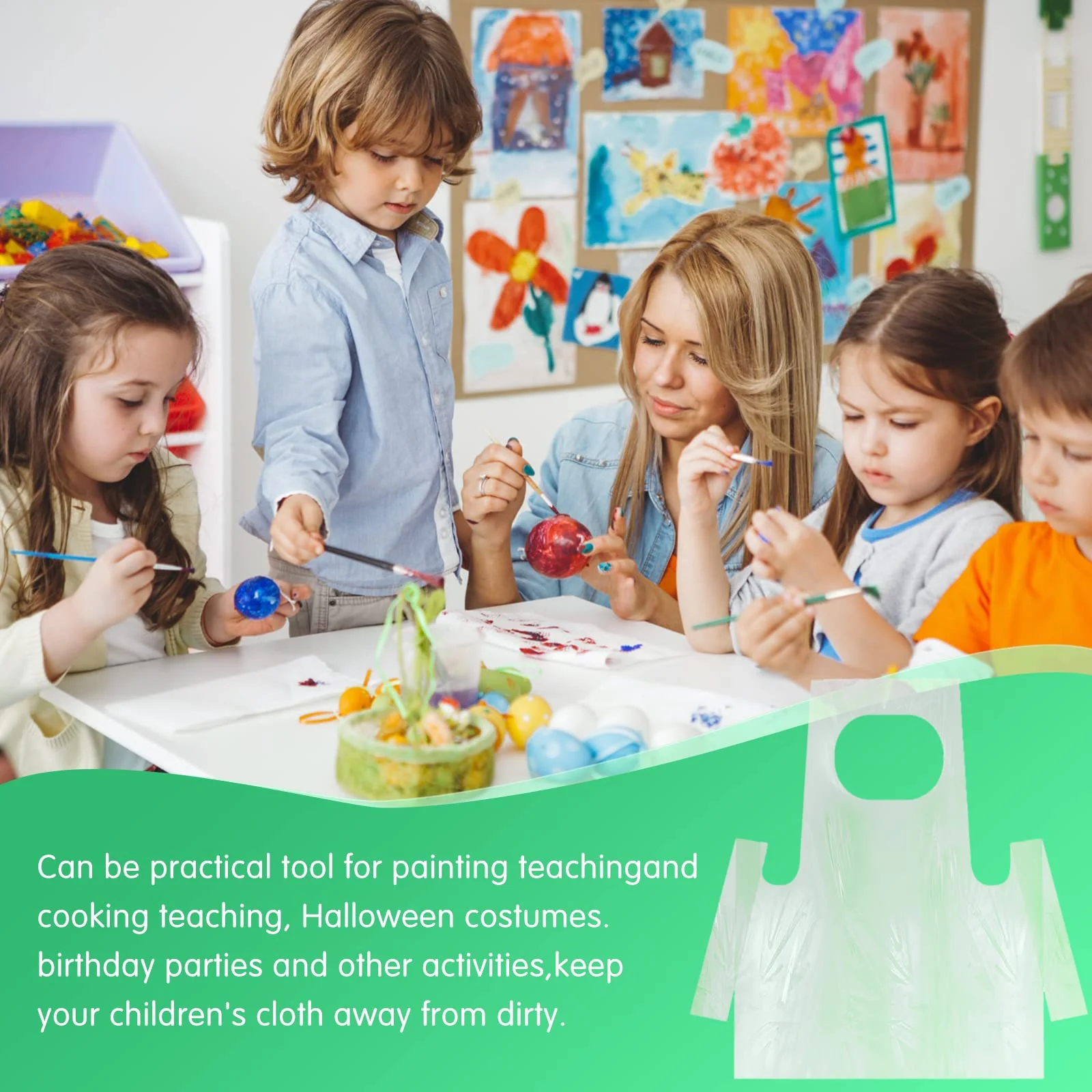 Bazen 100 Pieces Disposable Aprons for Kids Plastic Smocks Clear kids Apron for Toddler Waterproof Oil Proof Art Children Apron for Painting Cooking Eating Teaching Picnic DIY Craft - Image 5