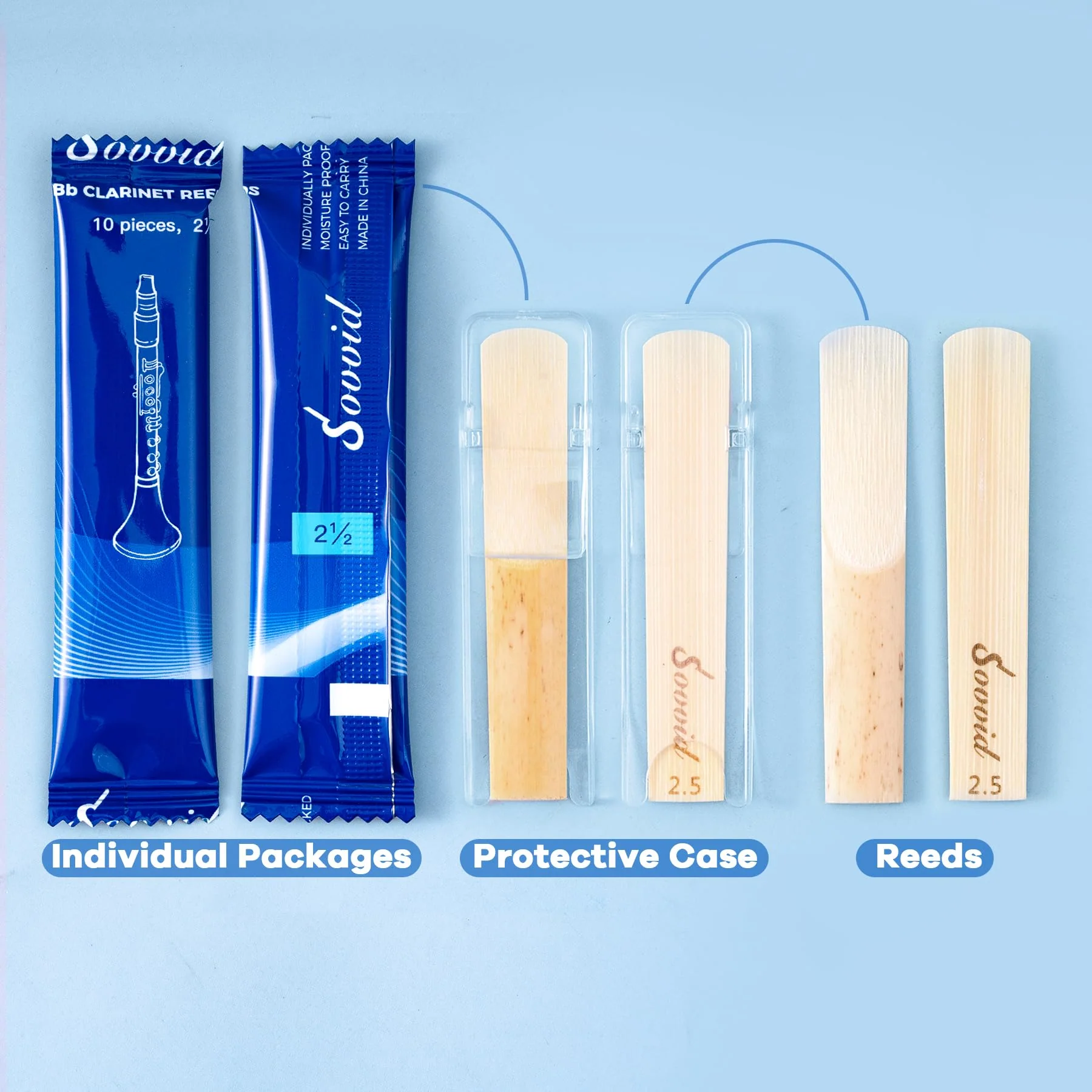 Bb Clarinet Reeds Strength 2.5 with Portable Reed Case, Box of 10, Individually Packaged Reeds for Clarinet, Thinner Vamp Cut for Ease of Play - Image 3