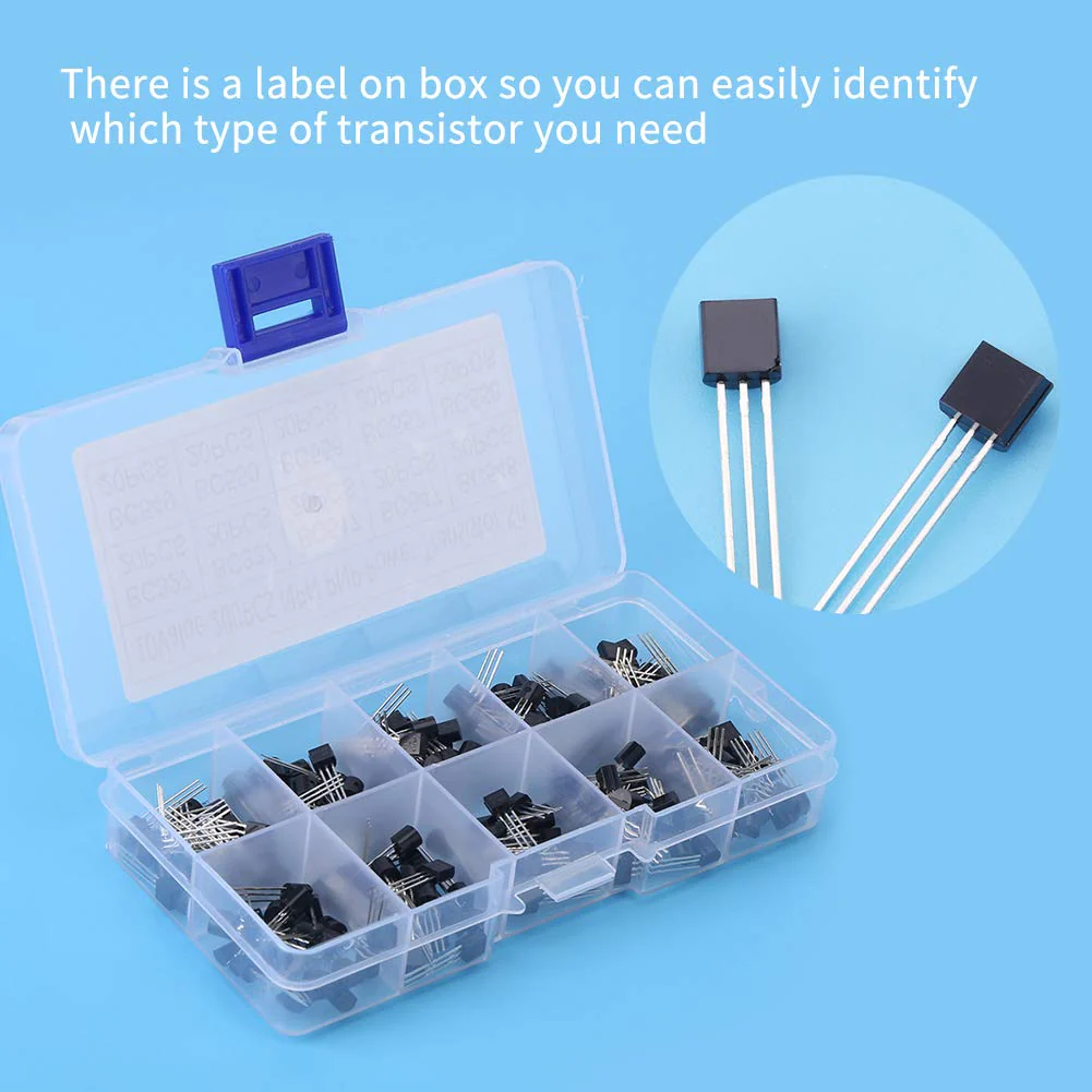 BC Transistors, 200 Pieces TO-92 Silicon NPN PNP Power Transistor Assortment Kit Set (Bc327 Bc337 Bc517 Bc547 Bc548 Bc549 Bc550 Bc556 Bc557 Bc558) with Plastic Storage Box - Image 9