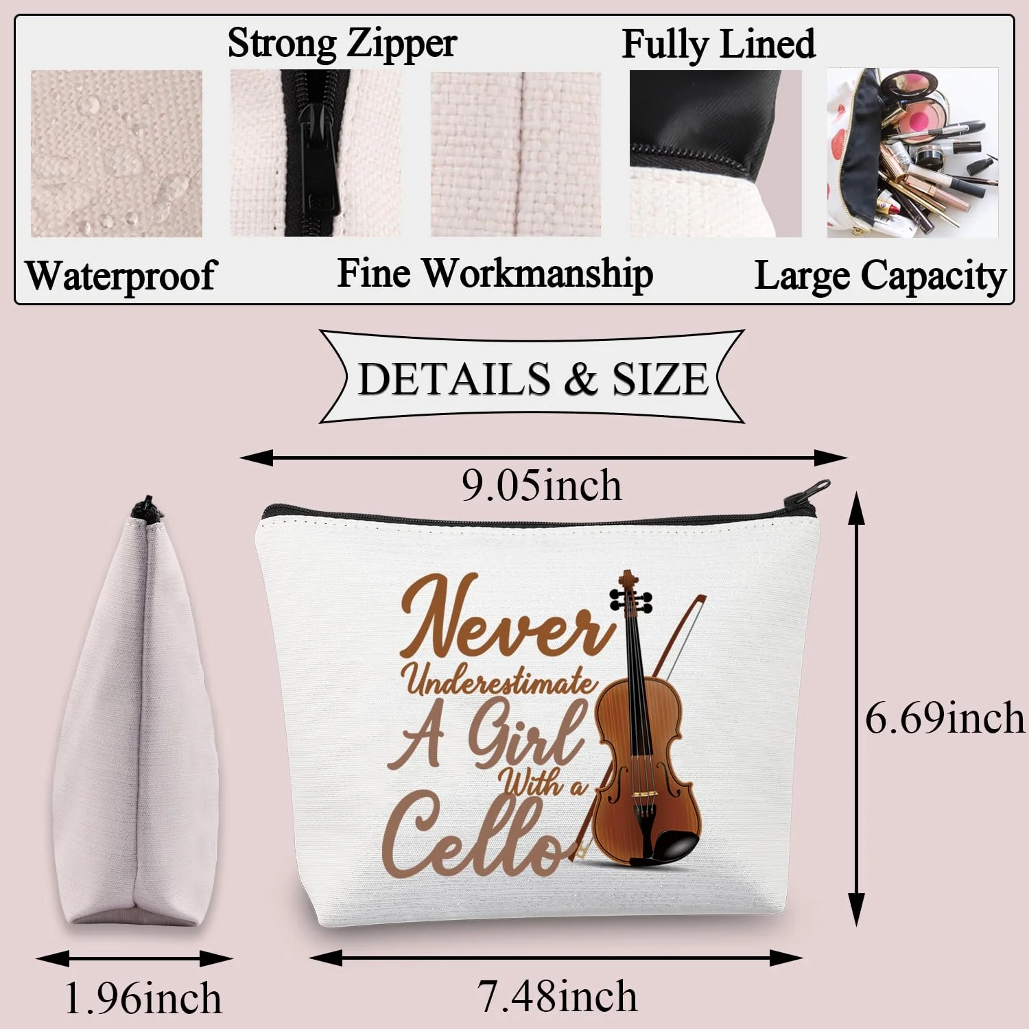 BDPWSS Cello Gift Cello Lover Cello Player Gift Cello Music Teacher Gift Never Underestimate A Girl With A Cello Makeup Bag (Girl With Cello) Girl With Cello - Image 2