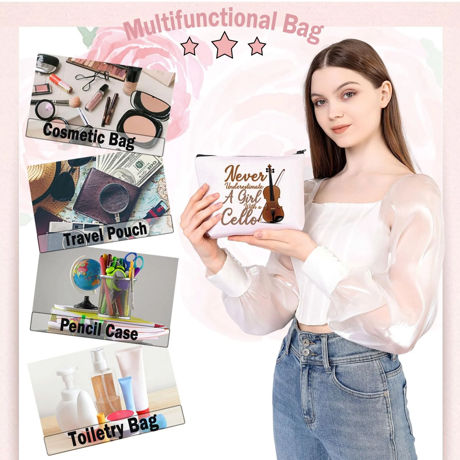 BDPWSS Cello Gift Cello Lover Cello Player Gift Cello Music Teacher Gift Never Underestimate A Girl With A Cello Makeup Bag (Girl With Cello) Girl With Cello - Image 6