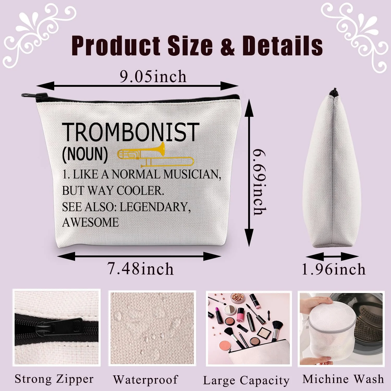 BDPWSS Trombone Player Gift Trombonist Makeup Bag Trombone Musician Gift Music Instrument Gift Orchestra Music Lover Gift (Trombonist noun) Trombonist noun - Image 2