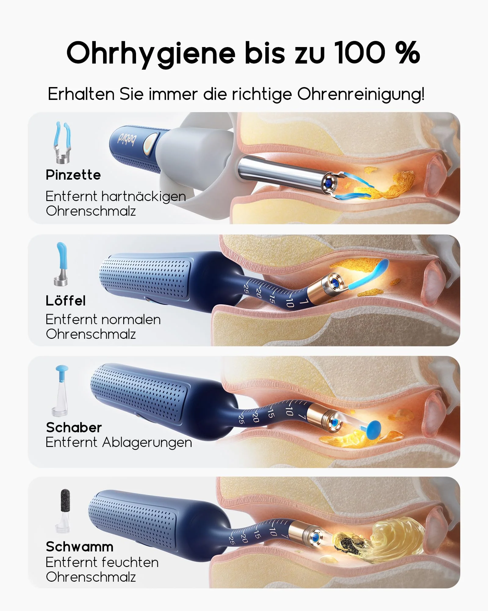 Bebird Ear Wax Remover Otoscope, 1920P HD Flexible Ear Cleaner Camera with Tweezers, Ear Cleaner Camera with Replacement Tips for Ears/Nose/Neck Examinations, Otoscope Ear for Adults, Children Blue - Image 2