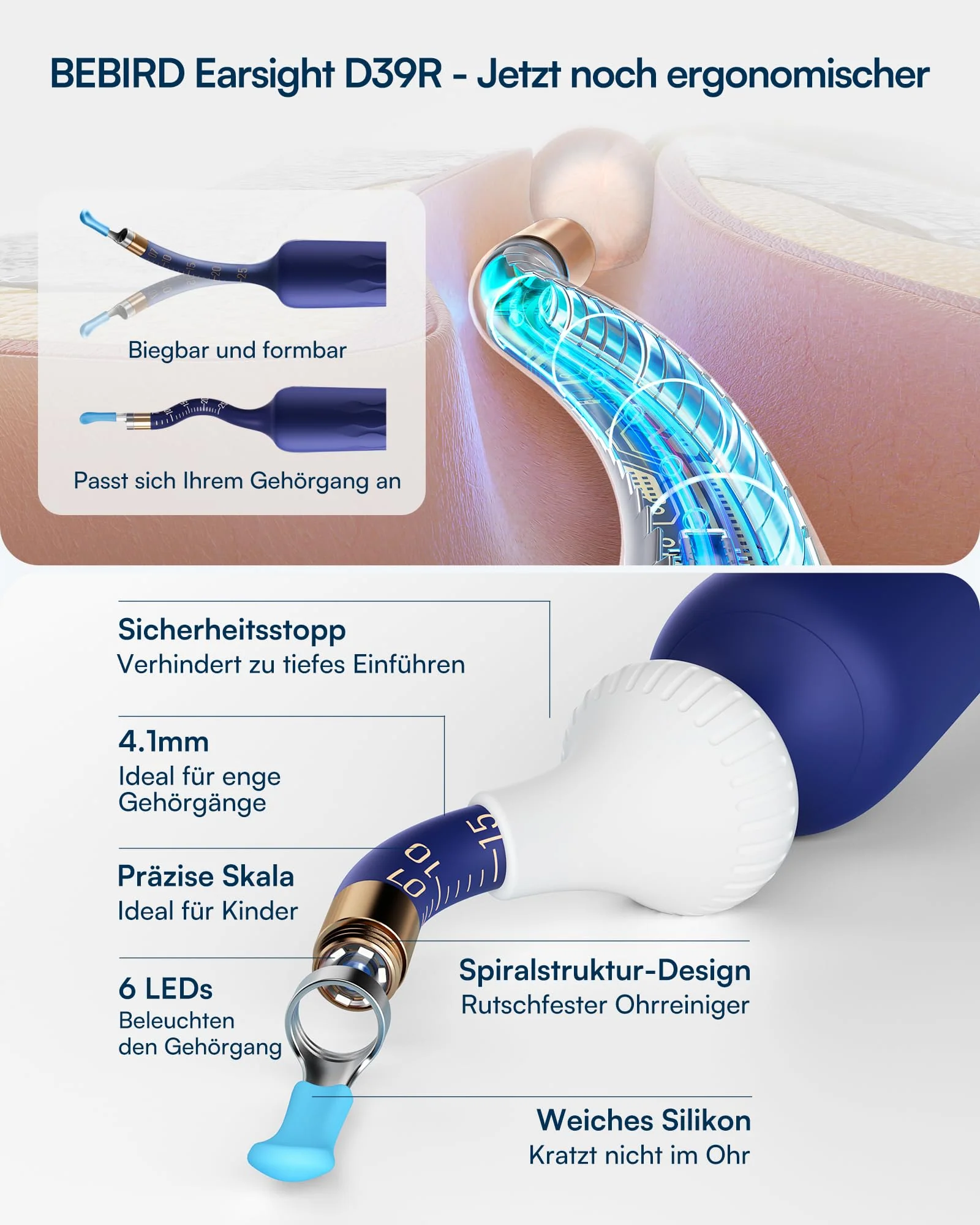 BEBIRD Earsight Plus D39R Ear Wax Remover Otoscope, 1920P HD Flexible Ear Cleaner Camera with Tweezers, Ear Cleaner Camera for Ear/Nose/Neck Examinations (Blue) Blue - Image 3