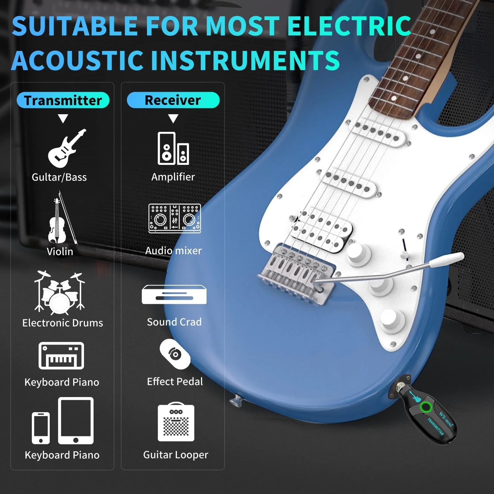 BEEONE 2.4GHz Mini Wireless Guitar System with 4 Channels，Rechargeable Audio Wireless Guitar Transmitter Receiver for Guitar Bass Electric Instruments with Portable Case (Black) Black - Image 2