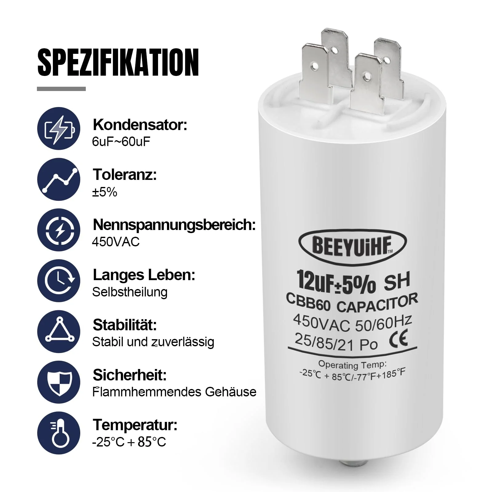BEEYUIHF CBB60 Motor Capacitor 12µF 450V Capacitor 50/60Hz Starting Capacitor 12UF Motor Running Capacitor Plug M8 for Electric Motor 40 x 72 mm 12μF / 12uF - Image 3
