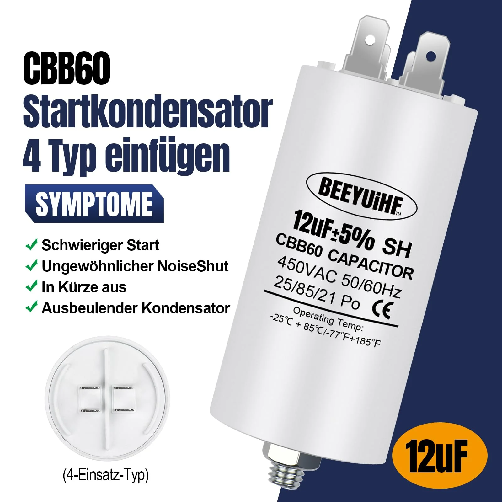 BEEYUIHF CBB60 Motor Capacitor 12µF 450V Capacitor 50/60Hz Starting Capacitor 12UF Motor Running Capacitor Plug M8 for Electric Motor 40 x 72 mm 12μF / 12uF - Image 6