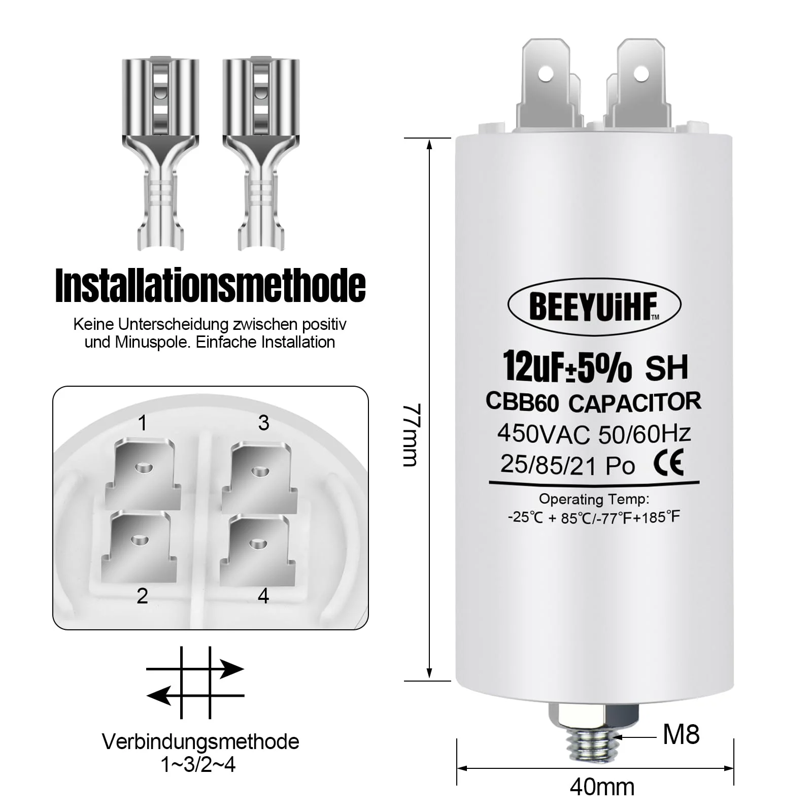 BEEYUIHF CBB60 Motor Capacitor 12µF 450V Capacitor 50/60Hz Starting Capacitor 12UF Motor Running Capacitor Plug M8 for Electric Motor 40 x 72 mm 12μF / 12uF - Image 7