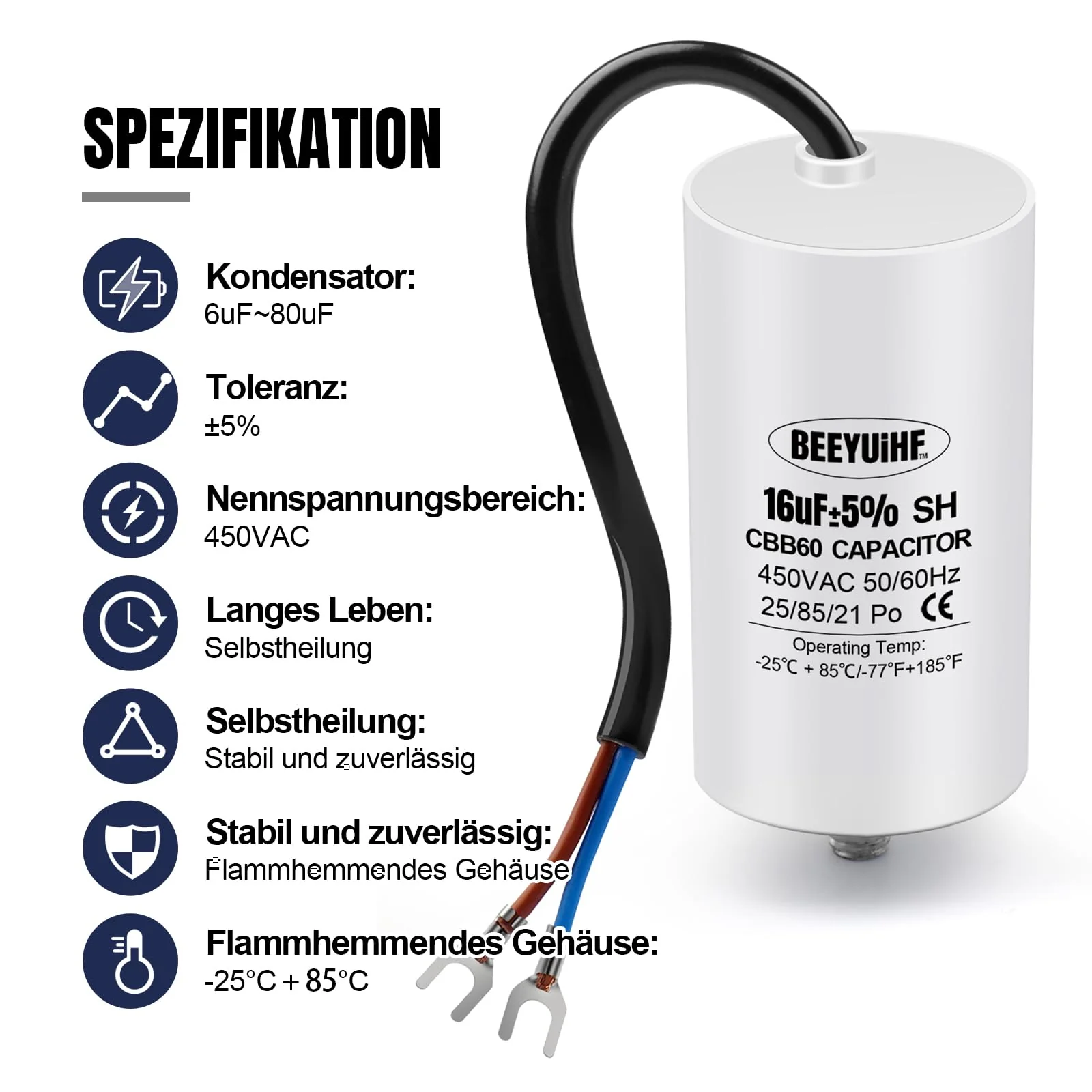 BEEYUIHF CBB60 Motor Capacitor 16µF 450V Capacitor 50/60Hz Starting Capacitor 16uF Motor Running Capacitor with Connection Cable for Electric Motor 40 x 73 mm 16μF / 16uF - Image 2