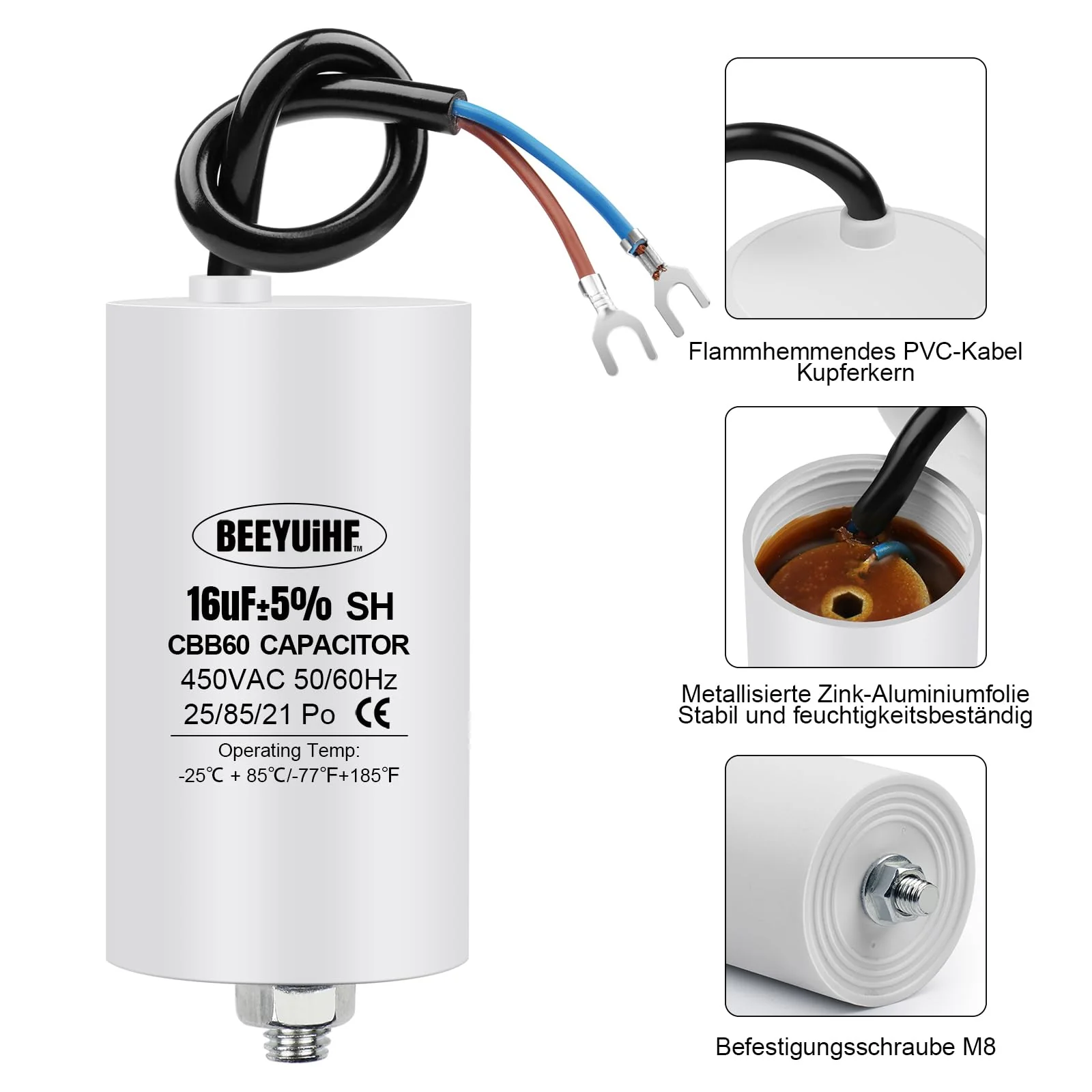 BEEYUIHF CBB60 Motor Capacitor 16µF 450V Capacitor 50/60Hz Starting Capacitor 16uF Motor Running Capacitor with Connection Cable for Electric Motor 40 x 73 mm 16μF / 16uF - Image 3