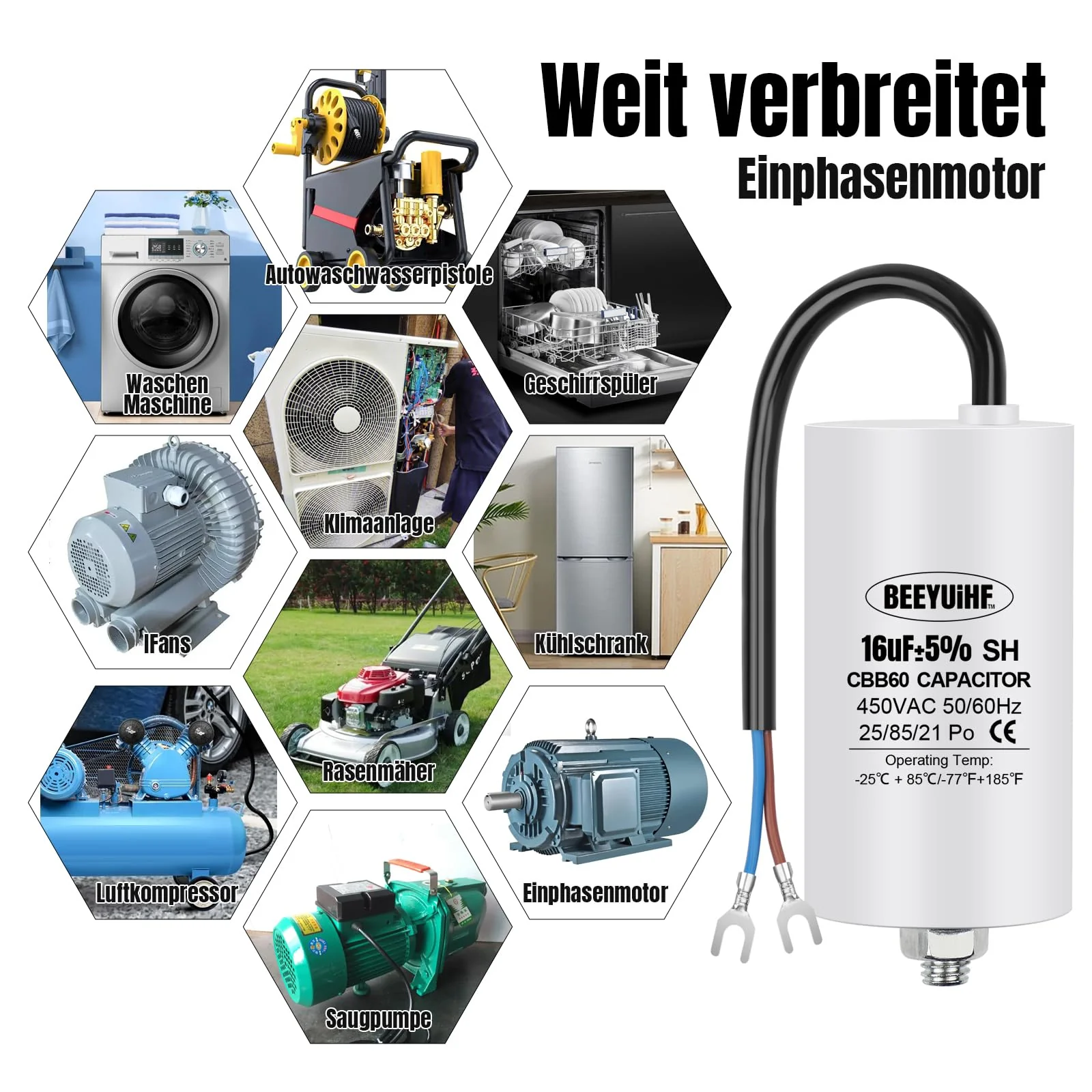 BEEYUIHF CBB60 Motor Capacitor 16µF 450V Capacitor 50/60Hz Starting Capacitor 16uF Motor Running Capacitor with Connection Cable for Electric Motor 40 x 73 mm 16μF / 16uF - Image 4