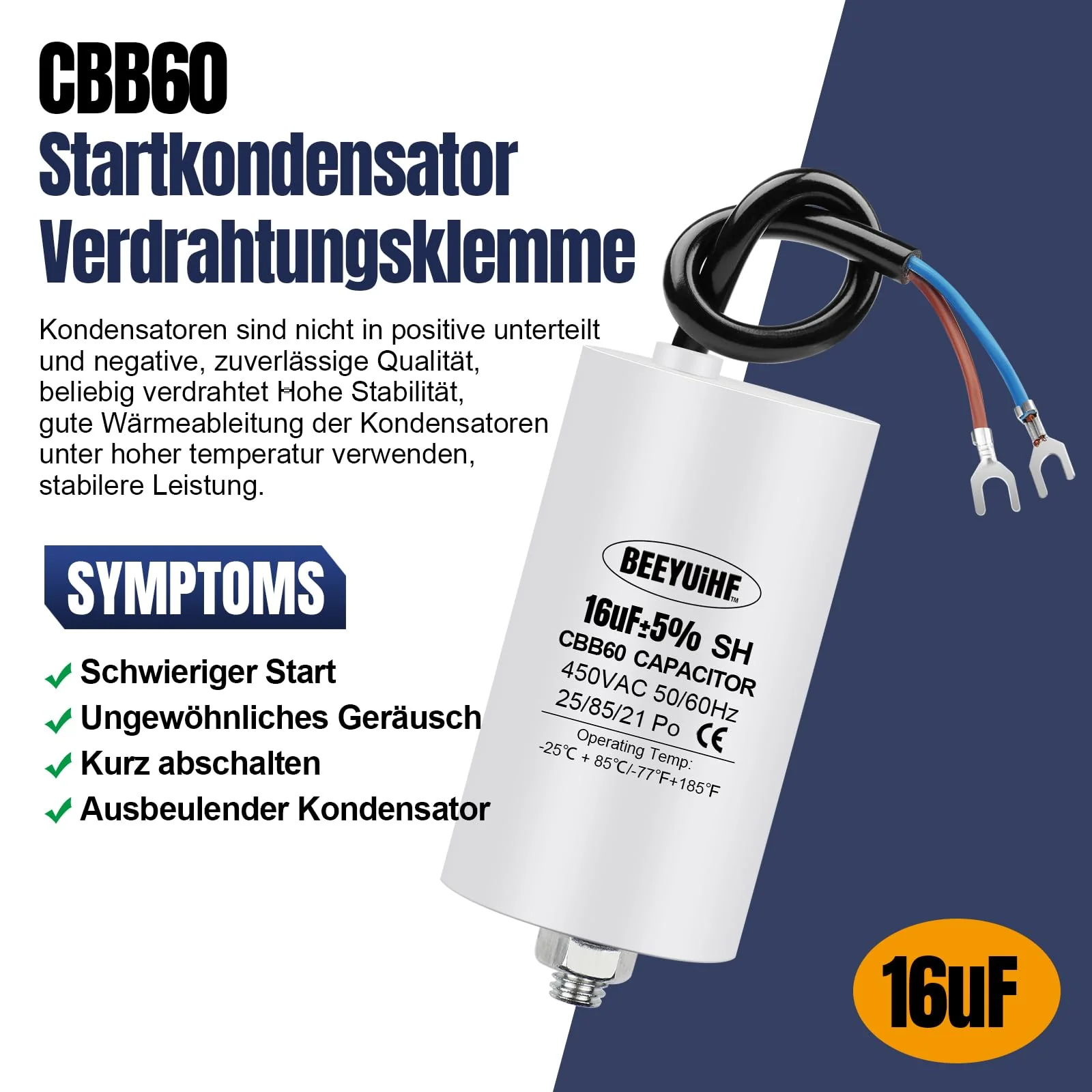 BEEYUIHF CBB60 Motor Capacitor 16µF 450V Capacitor 50/60Hz Starting Capacitor 16uF Motor Running Capacitor with Connection Cable for Electric Motor 40 x 73 mm 16μF / 16uF - Image 5