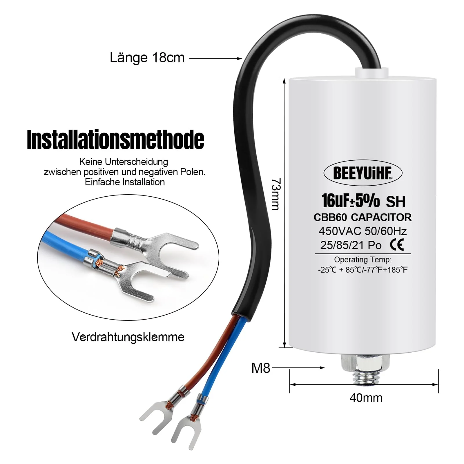 BEEYUIHF CBB60 Motor Capacitor 16µF 450V Capacitor 50/60Hz Starting Capacitor 16uF Motor Running Capacitor with Connection Cable for Electric Motor 40 x 73 mm 16μF / 16uF - Image 7