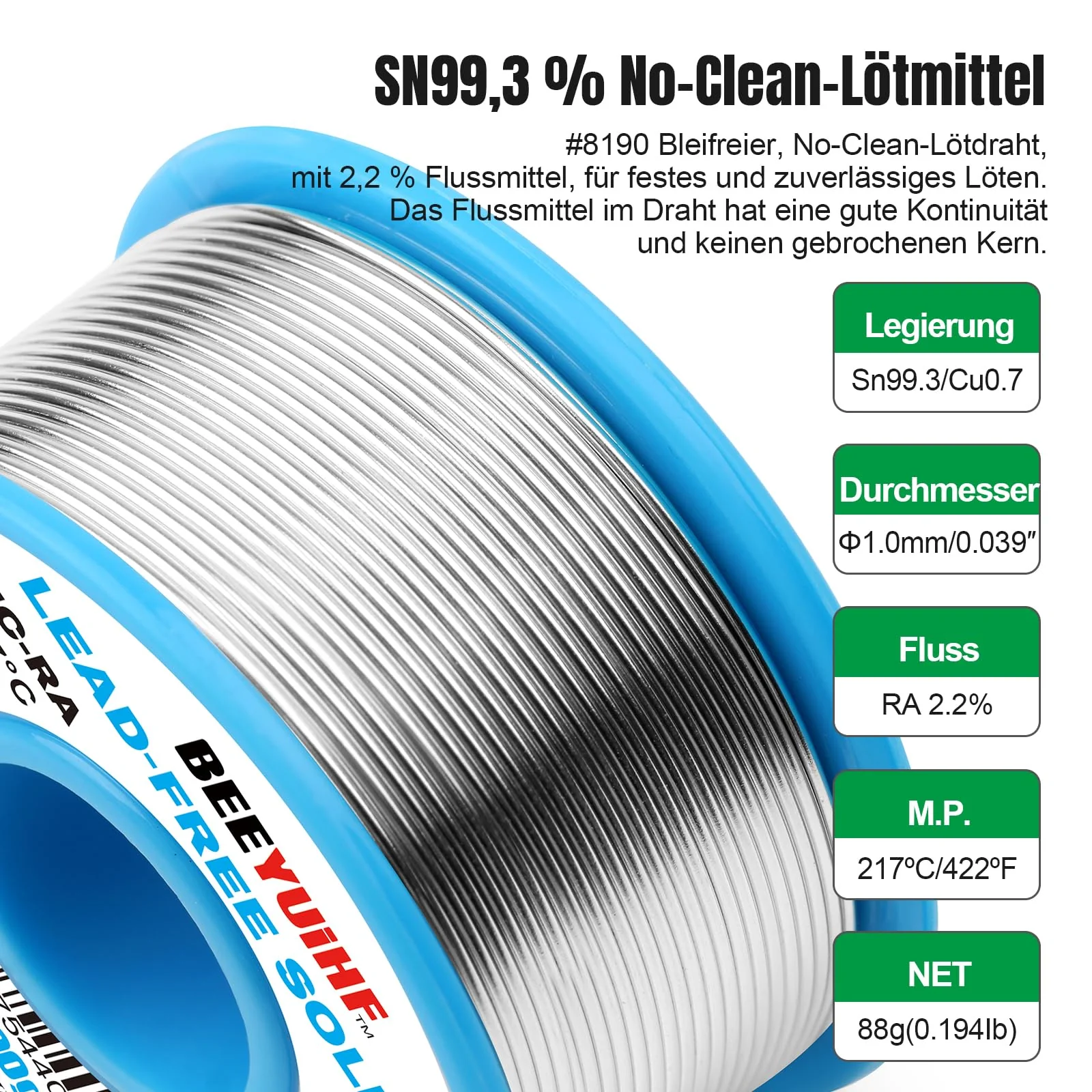 BEEYUIHF Solder Wire, Lead-Free, Sn99.3 Cu0.7 Solder with Flux, Electronic Solder Wire with Rosin Core (1.0 mm, 100 g) - Image 2