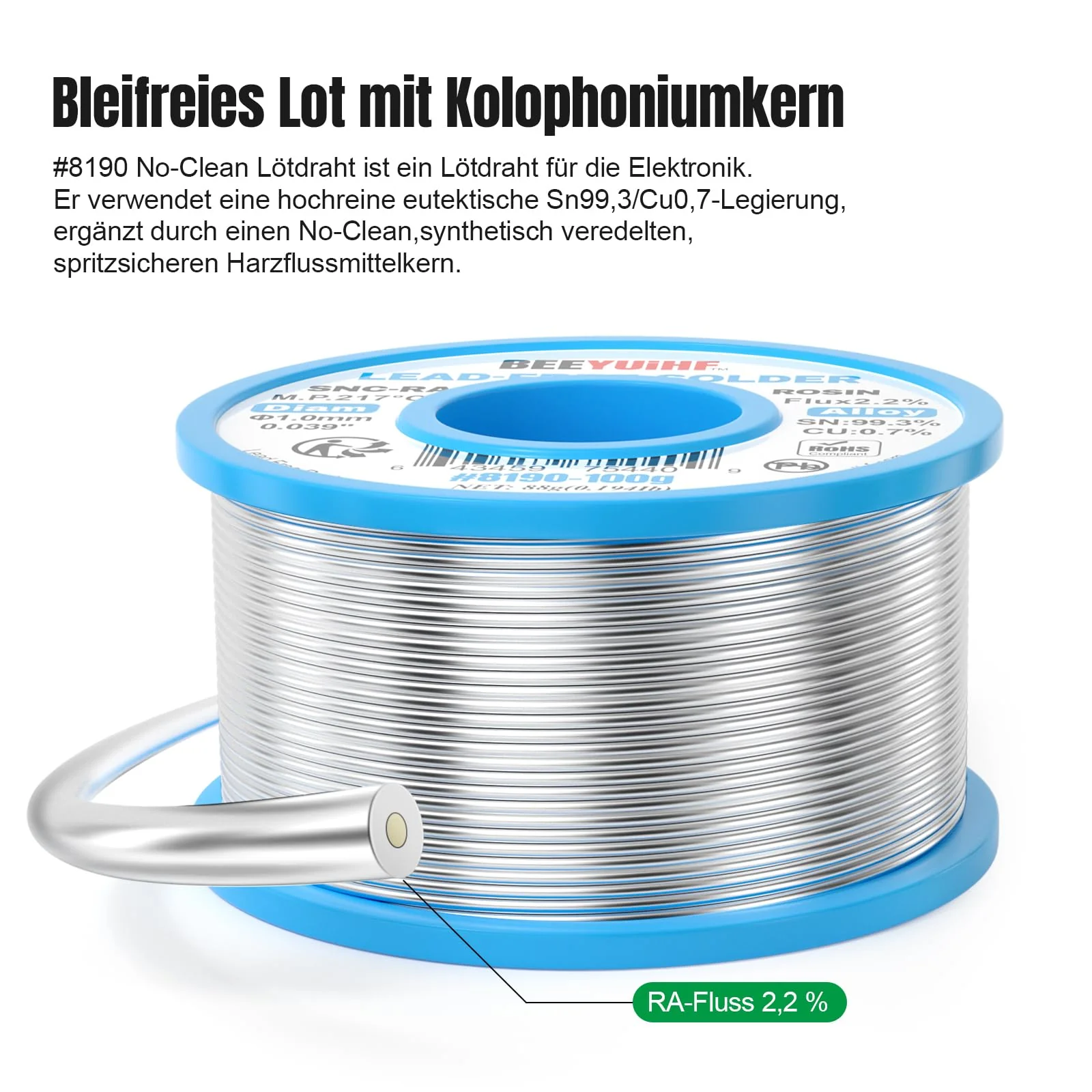 BEEYUIHF Solder Wire, Lead-Free, Sn99.3 Cu0.7 Solder with Flux, Electronic Solder Wire with Rosin Core (1.0 mm, 100 g) - Image 4