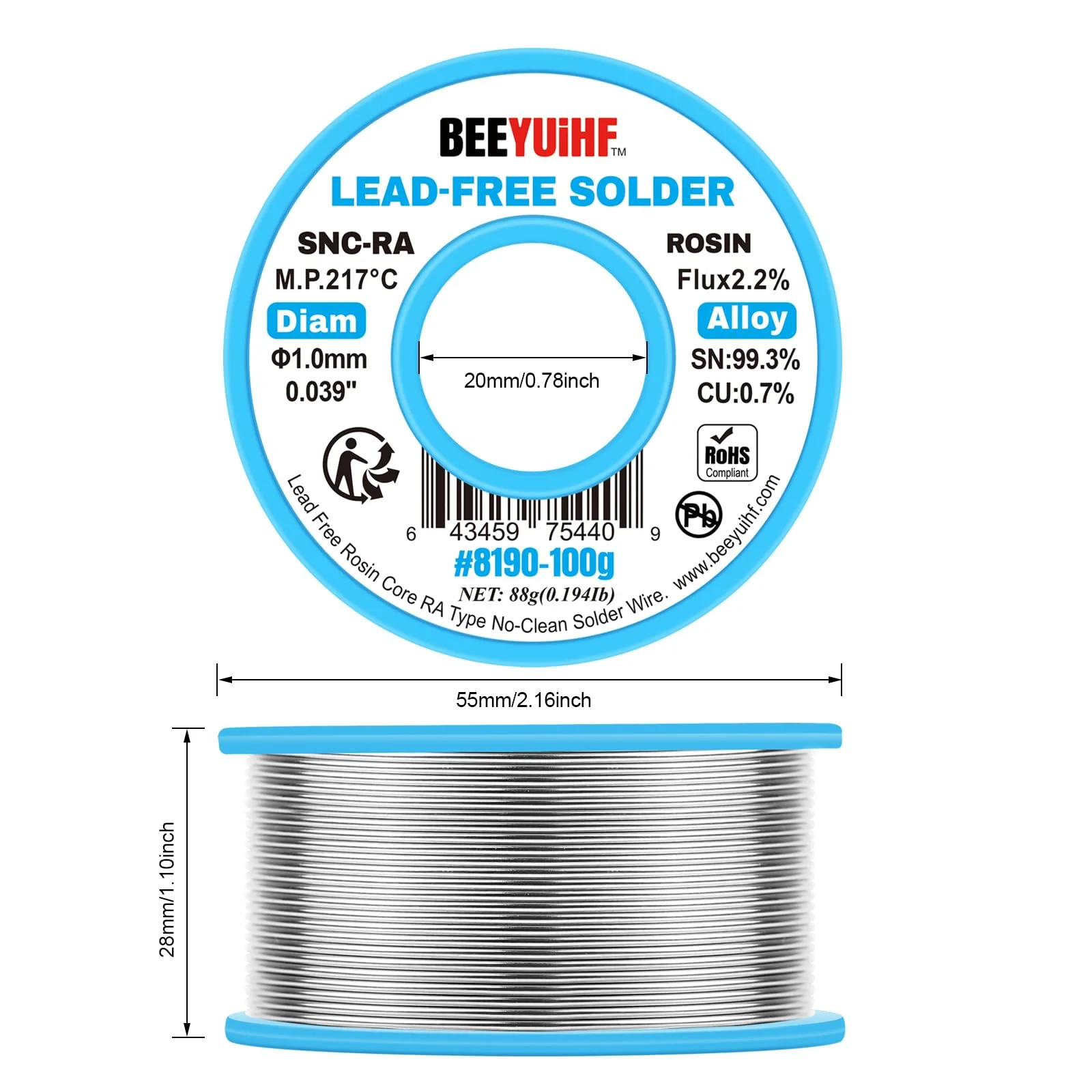 BEEYUIHF Solder Wire, Lead-Free, Sn99.3 Cu0.7 Solder with Flux, Electronic Solder Wire with Rosin Core (1.0 mm, 100 g) - Image 6