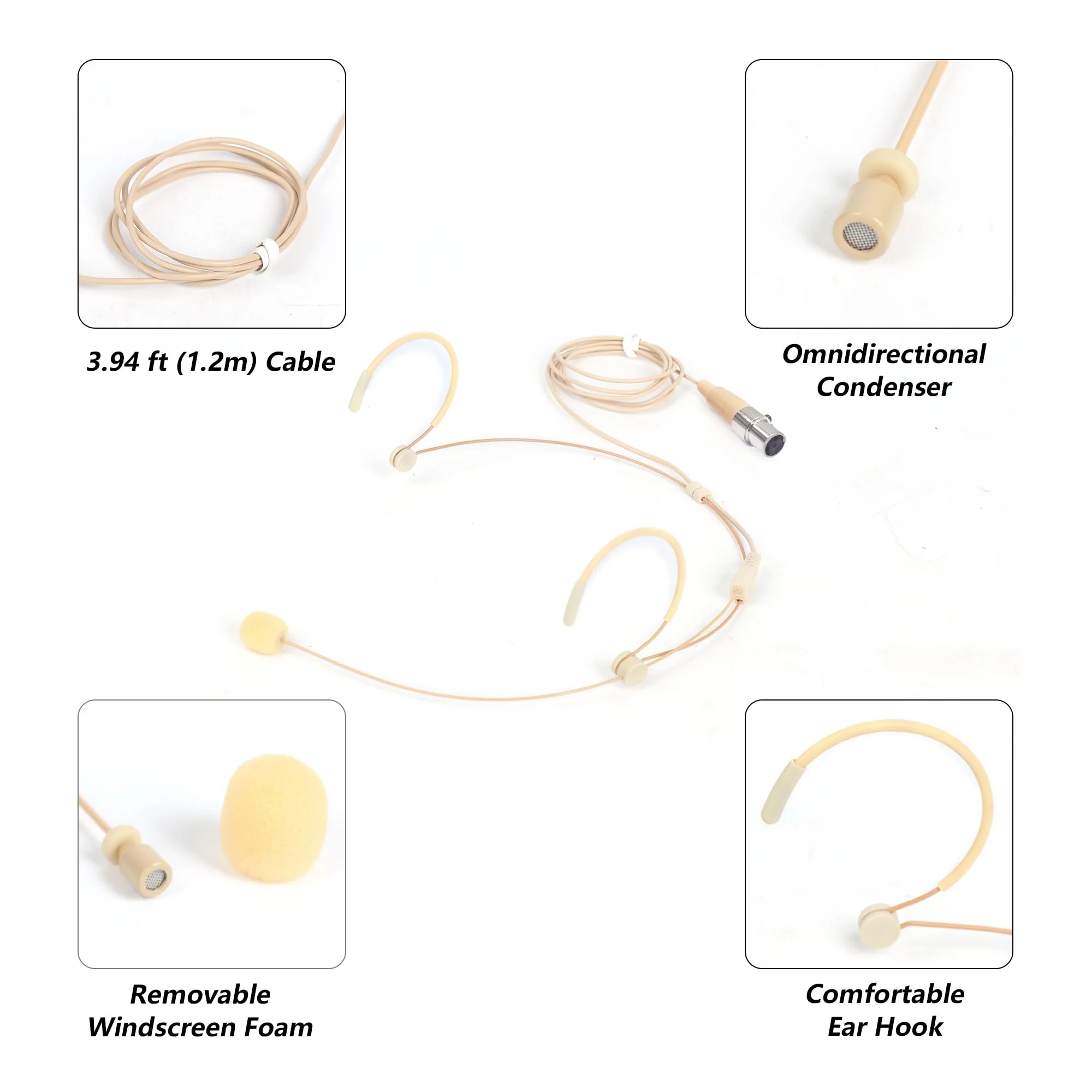 Beige Headworn Microphone,Daul Ear Hook Mic,Condenser Headset Mics for Shure Microphone Wireless Systems,Ideal for Lectures,Actors,Theater,Podcasts Mini 4 Pin XLR (TA4F) Plug - Image 3