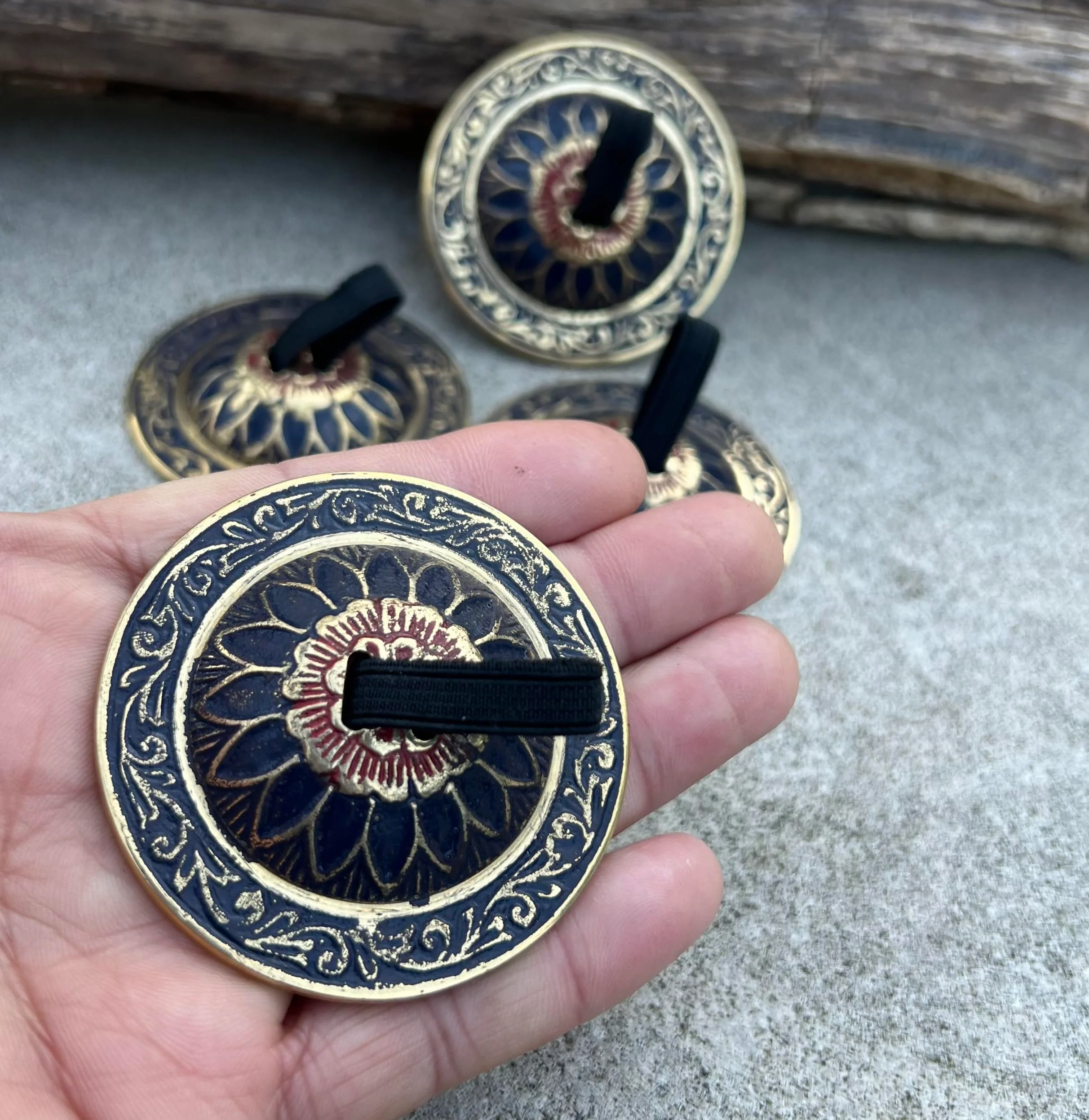 Belly Dancing Floral Lotus Pro Finger Zills Cymbals Hand Crafted Solid Brass Blue - Image 4