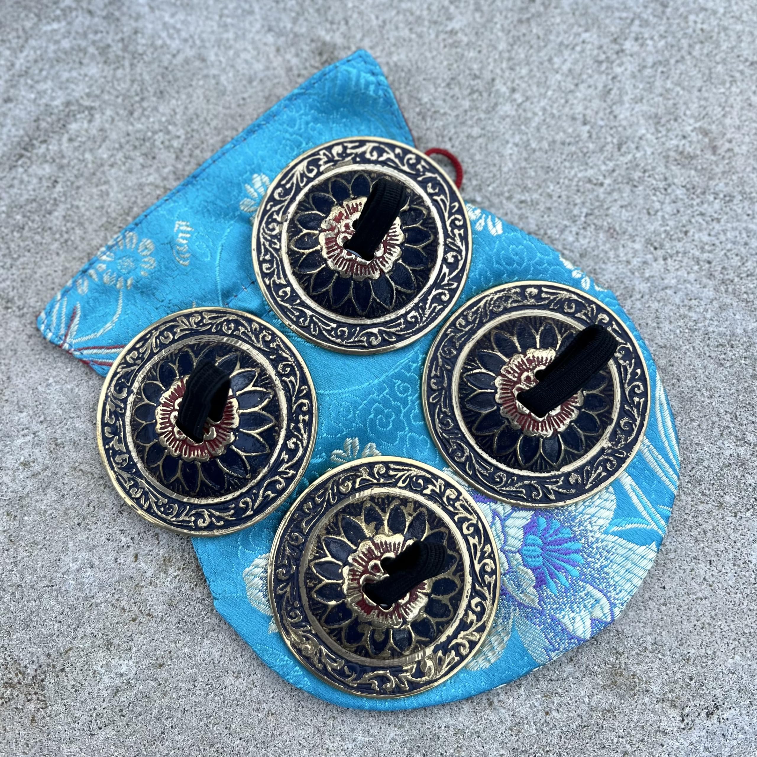 Belly Dancing Floral Lotus Pro Finger Zills Cymbals Hand Crafted Solid Brass Blue - Image 6