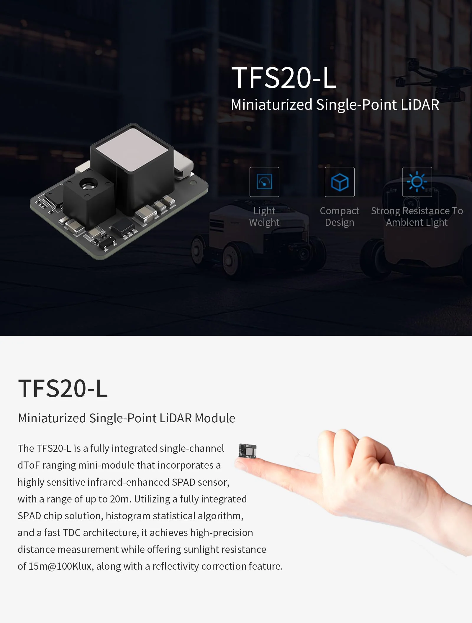 Benewake TFS20-L UART & IIC Miniaturised Single-Point LiDAR Module, 20 m Range Sensors, for Drones or UAVs Robots Fall Protection - Image 2