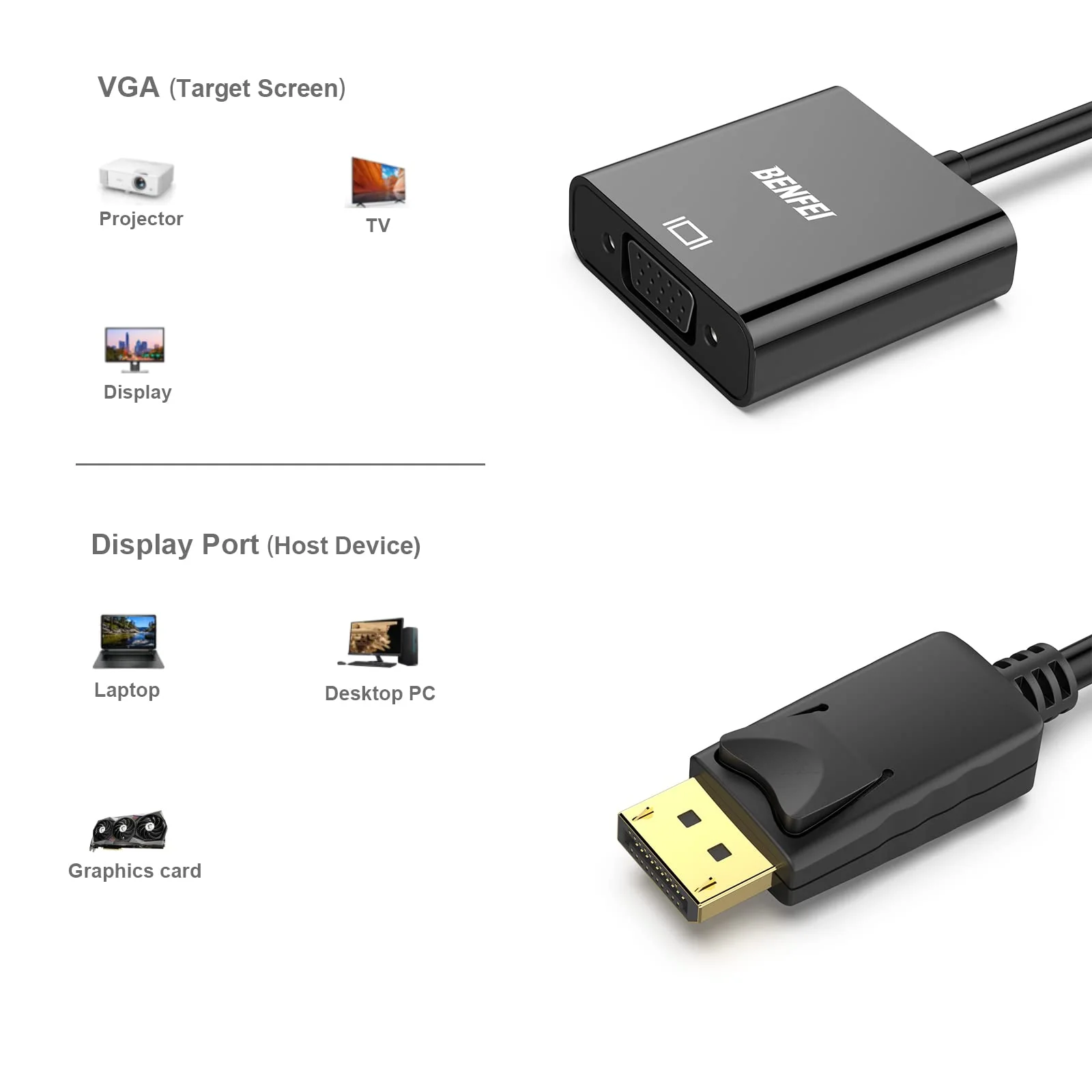 BENFEI DisplayPort to VGA 5 Pack, Gold-Plated DP to VGA Adapter (Male to Female) Compatible for Lenovo, Dell, HP, ASUS - Image 3
