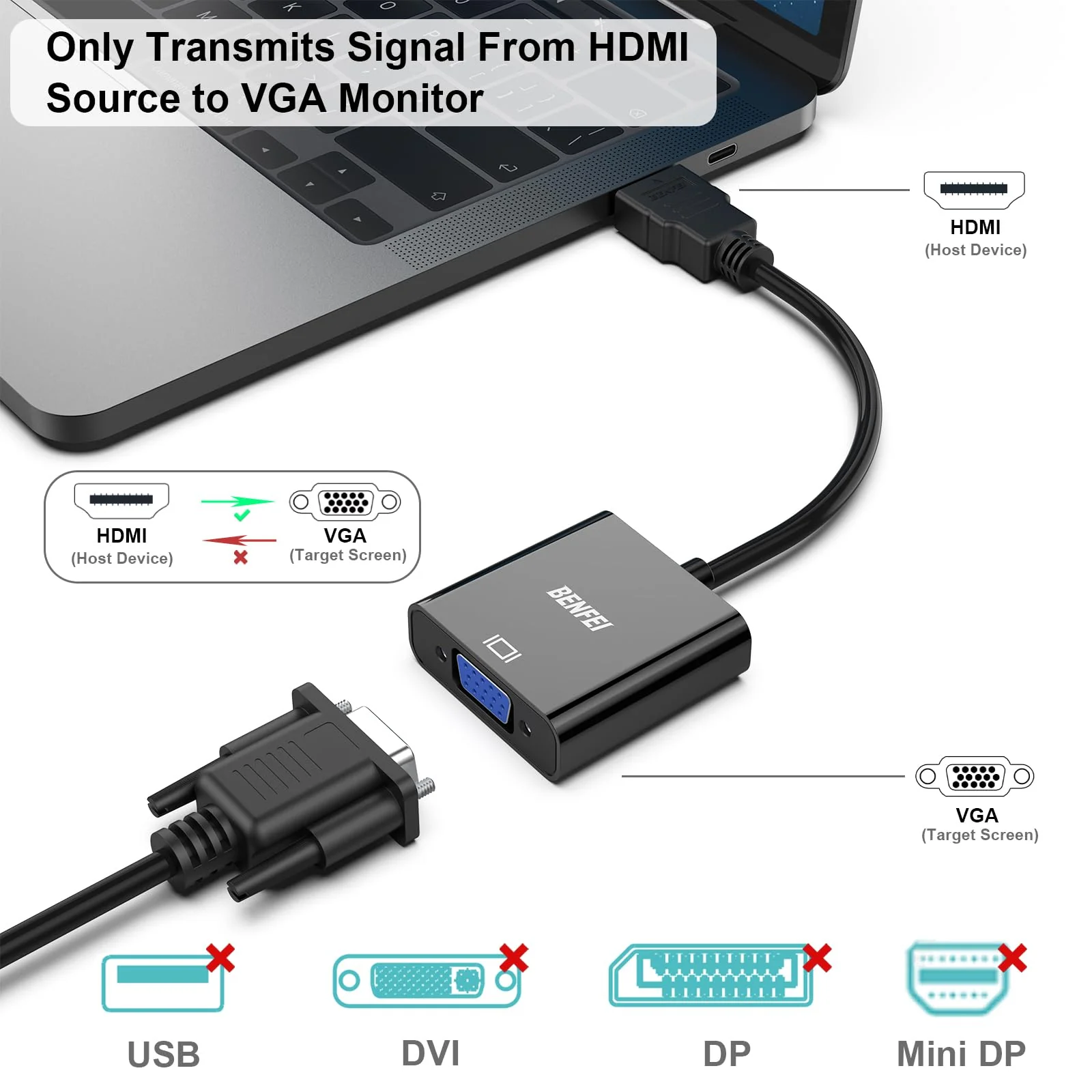 BENFEI HDMI to VGA, 10 Pack, Gold-Plated HDMI to VGA Adapter (Male to Female) for Computer, Desktop, Laptop, PC, Monitor, Projector, HDTV, Chromebook, Raspberry Pi, Roku, Xbox and More - Black - Image 2