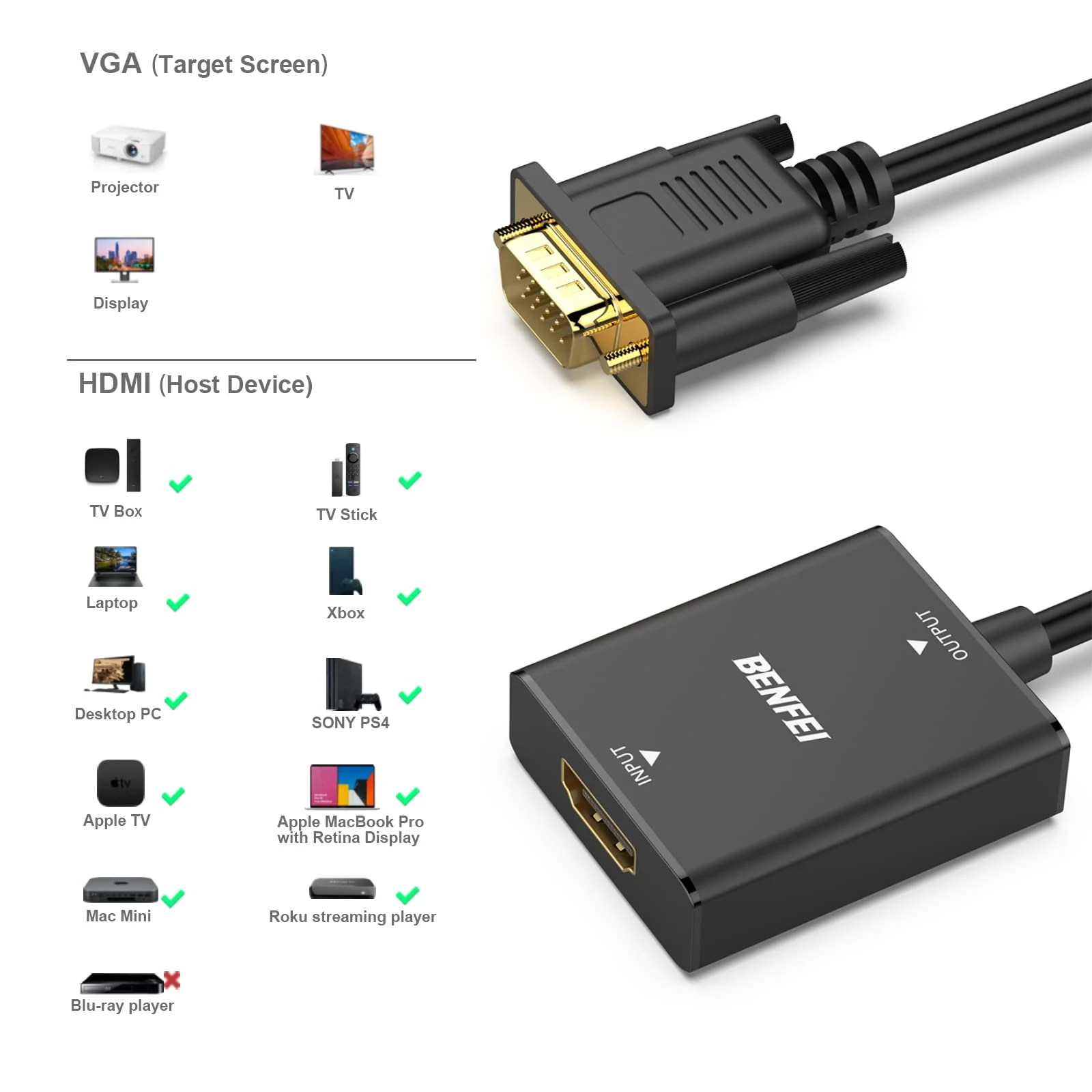 BENFEI HDMI to VGA, 2 PACK HDMI to VGA Adapter (Female to Male) with 3.5mm Audio Jack Compatible for TV Stick, Computer, Desktop, Laptop, PC, Monitor, Projector, Raspberry Pi, Roku, Xbox, More - Image 3