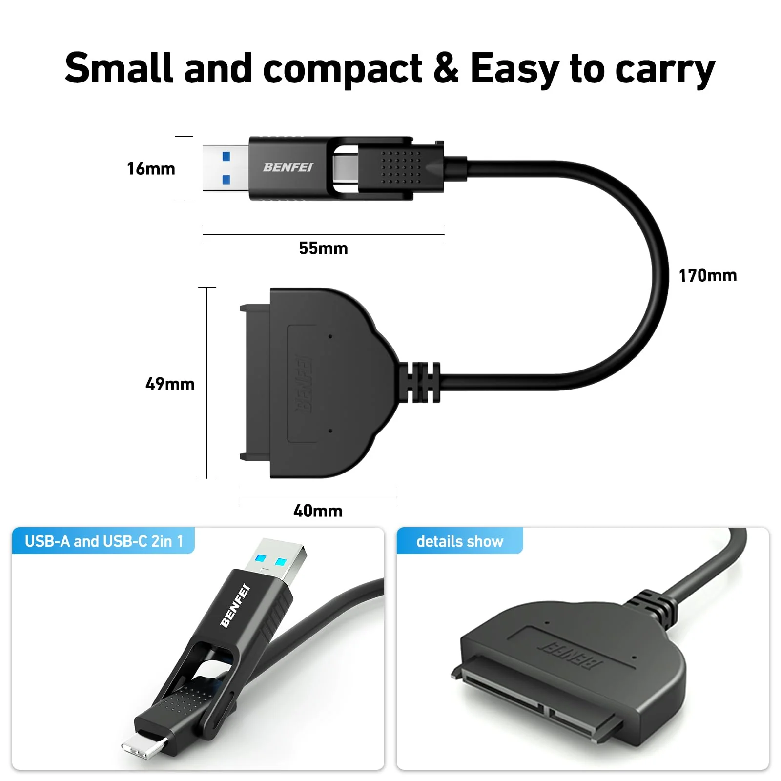 BENFEI SATA to USB Cable, 2in1 USB-C/USB 3.0 to SATA III Hard Driver Adapter Compatible for 2.5 inch HDD and SSD USB to 2.5 SSD HDD - Image 6