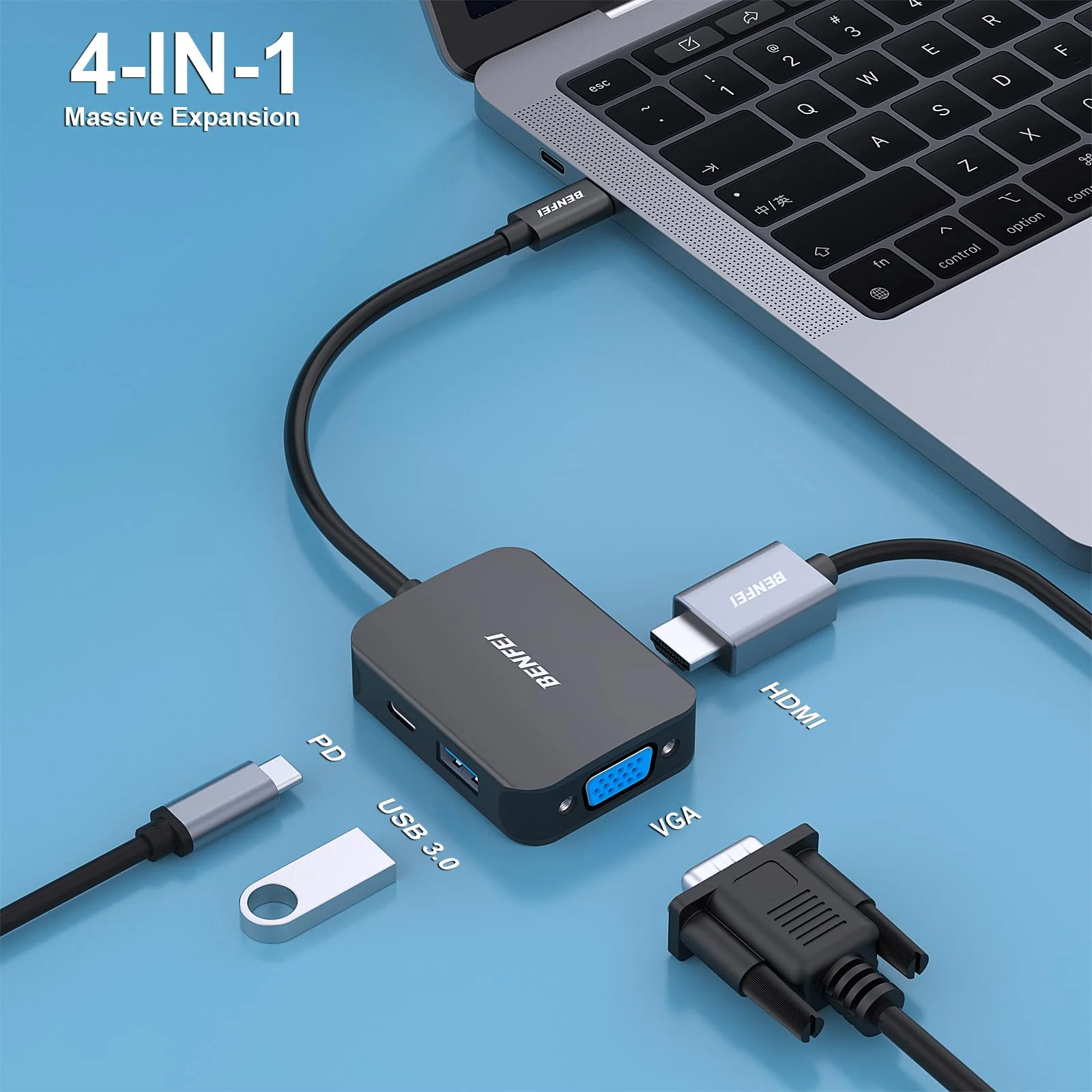 BENFEI USB C HUB 4in1, USB Type-C to HDMI VGA Adapter, USB C to USB Adapter, USB Type-C Power Delivery, Compatible with iPhone 15 Pro/Max, MacBook Pro/Air 2023, iPad Pro, iMac, S23, XPS 17 Black - Image 2