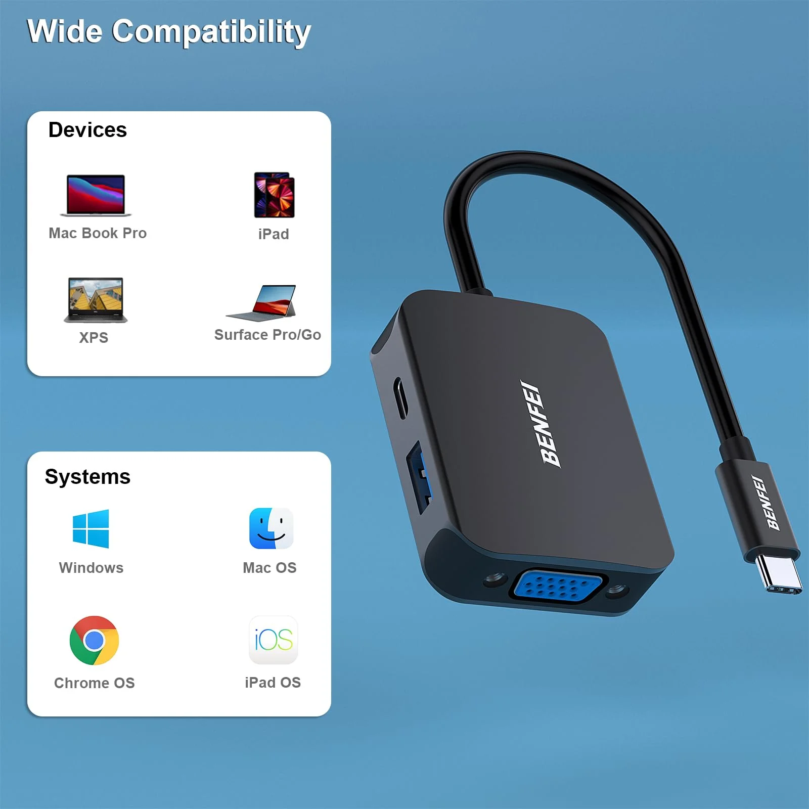 BENFEI USB C HUB 4in1, USB Type-C to HDMI VGA Adapter, USB C to USB Adapter, USB Type-C Power Delivery, Compatible with iPhone 15 Pro/Max, MacBook Pro/Air 2023, iPad Pro, iMac, S23, XPS 17 Black - Image 3