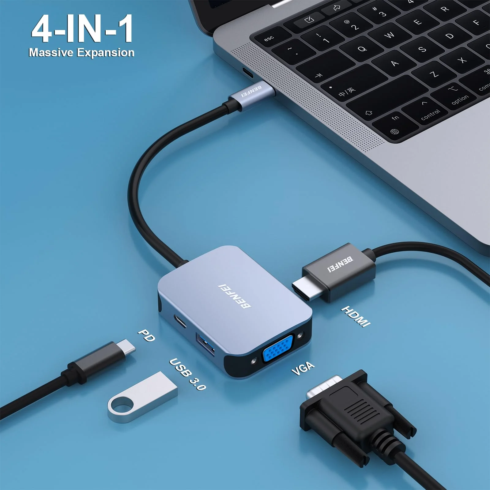 BENFEI USB C HUB 4in1, USB Type-C to HDMI VGA Adapter, USB C to USB Adapter, USB Type-C Power Delivery, Compatible with iPhone 15 Pro/Max, MacBook Pro/Air 2023, iPad Pro, iMac, S23, XPS 17 Grey - Image 2