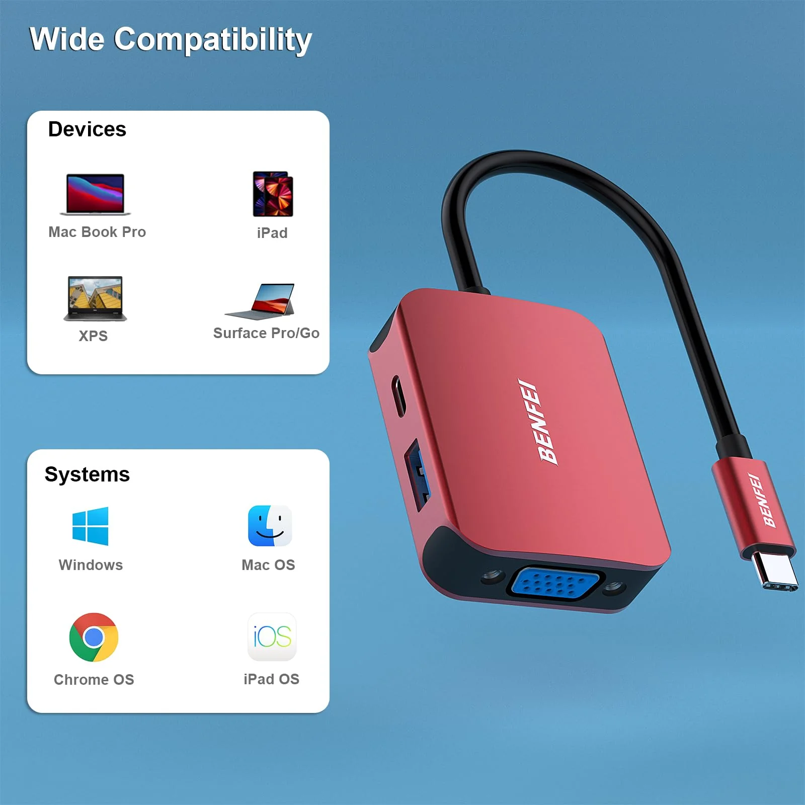BENFEI USB C HUB 4in1, USB Type-C to HDMI VGA Adapter, USB C to USB Adapter, USB Type-C Power Delivery, Compatible with iPhone 15 Pro/Max, MacBook Pro/Air 2023, iPad Pro, iMac, S23, XPS 17 Red - Image 3