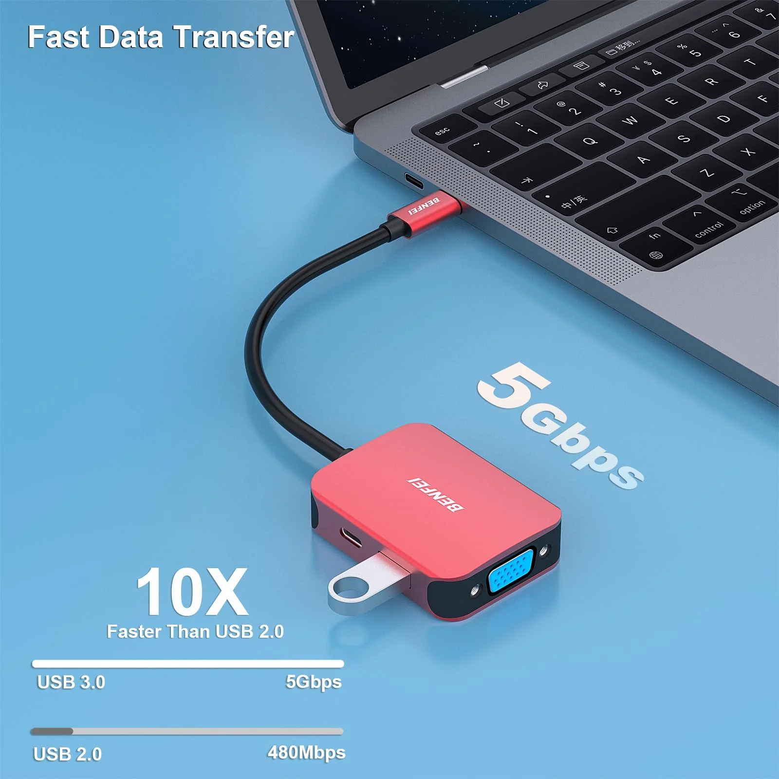 BENFEI USB C HUB 4in1, USB Type-C to HDMI VGA Adapter, USB C to USB Adapter, USB Type-C Power Delivery, Compatible with iPhone 15 Pro/Max, MacBook Pro/Air 2023, iPad Pro, iMac, S23, XPS 17 Red - Image 4