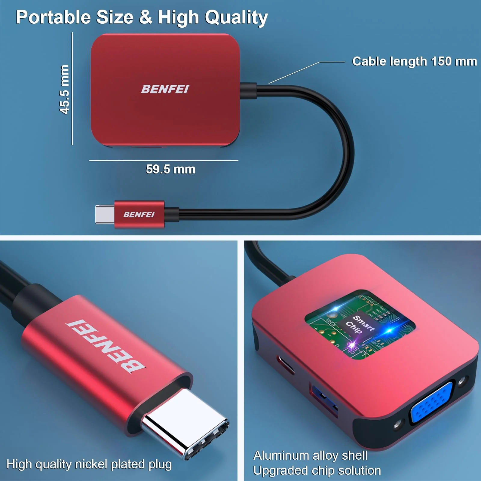 BENFEI USB C HUB 4in1, USB Type-C to HDMI VGA Adapter, USB C to USB Adapter, USB Type-C Power Delivery, Compatible with iPhone 15 Pro/Max, MacBook Pro/Air 2023, iPad Pro, iMac, S23, XPS 17 Red - Image 6