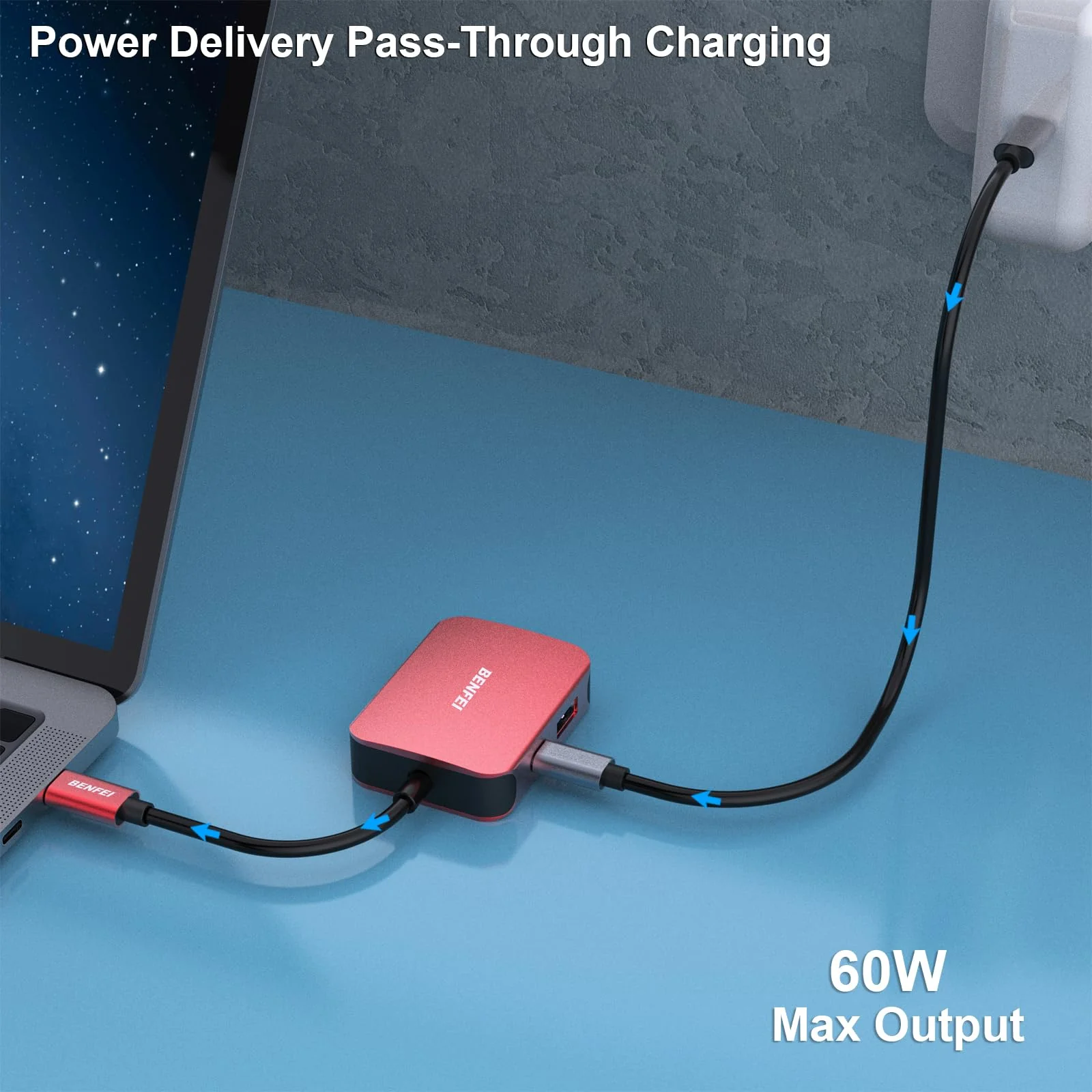 BENFEI USB C HUB 4in1, USB Type-C to HDMI VGA Adapter, USB C to USB Adapter, USB Type-C Power Delivery, Compatible with iPhone 15 Pro/Max, MacBook Pro/Air 2023, iPad Pro, iMac, S23, XPS 17 Red - Image 7