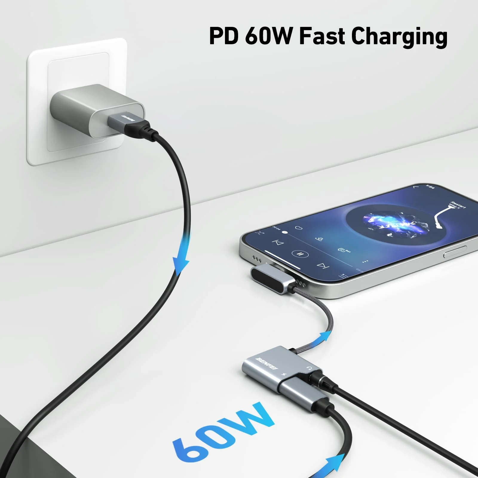 BENFEI USB C to Audio Jack Adapter with 60W Fast Charging, USB-C to 3.5mm Female Headphone Compatible with iPhone 15 Pro Max/15 Pro/15, Samsung Galaxy S24/S23/S22/S21 Ultra, iPad Pro, Pixel 8 Grey - Image 4