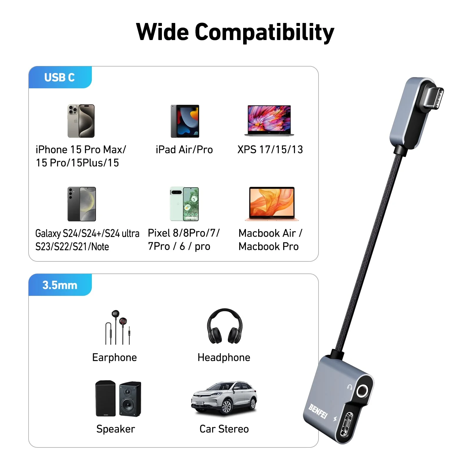 BENFEI USB C to Audio Jack Adapter with 60W Fast Charging, USB-C to 3.5mm Female Headphone Compatible with iPhone 15 Pro Max/15 Pro/15, Samsung Galaxy S24/S23/S22/S21 Ultra, iPad Pro, Pixel 8 Grey - Image 8
