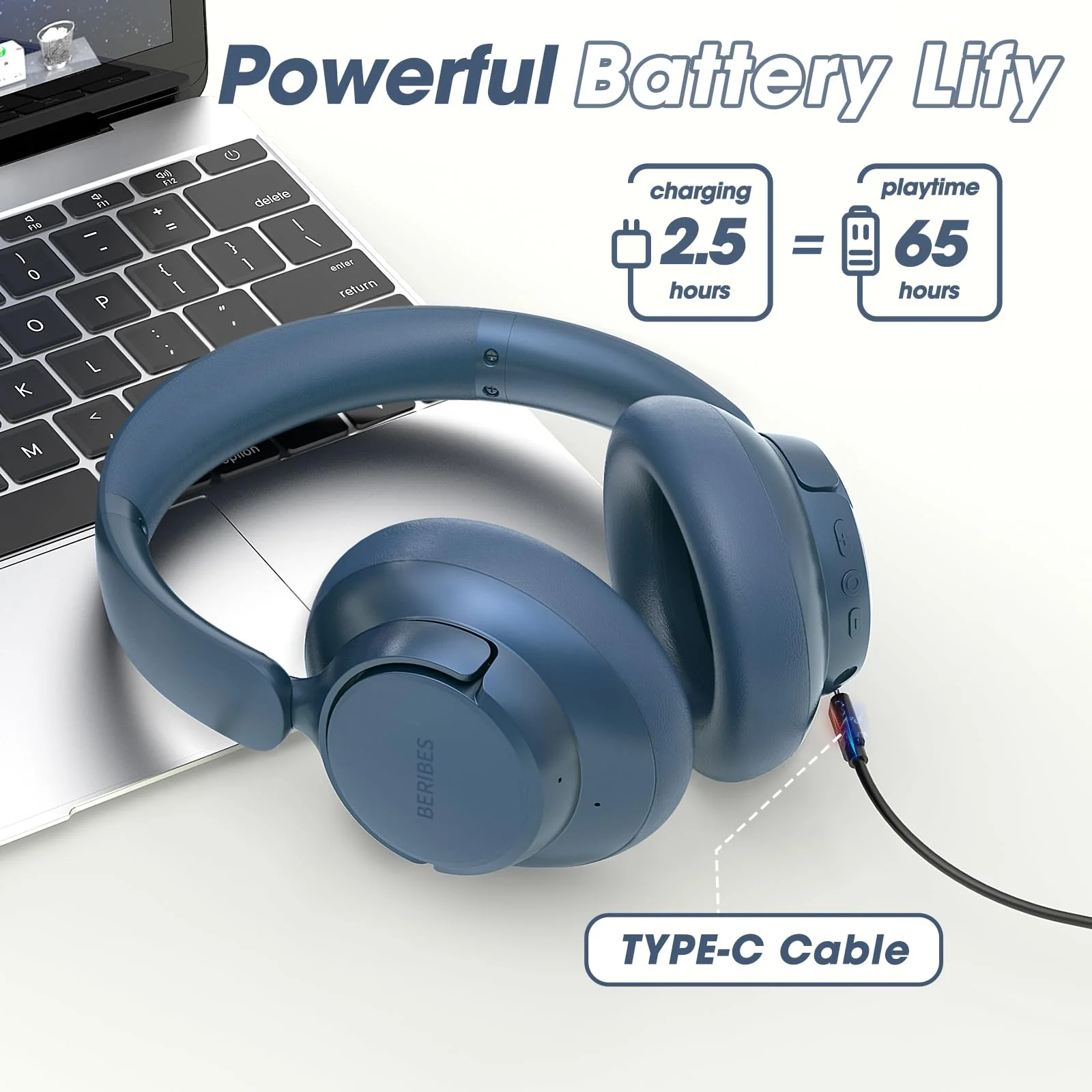 BERIBES Upgraded Hybrid Active Noise Cancelling Wireless Headphones with Transparent Modes,65H Playtime Bluetooth Headphones Wireless with Mic, Deep Bass,3.5MM Cable,Soft-Earpads,Fast Charging-Blue Blue - Image 3