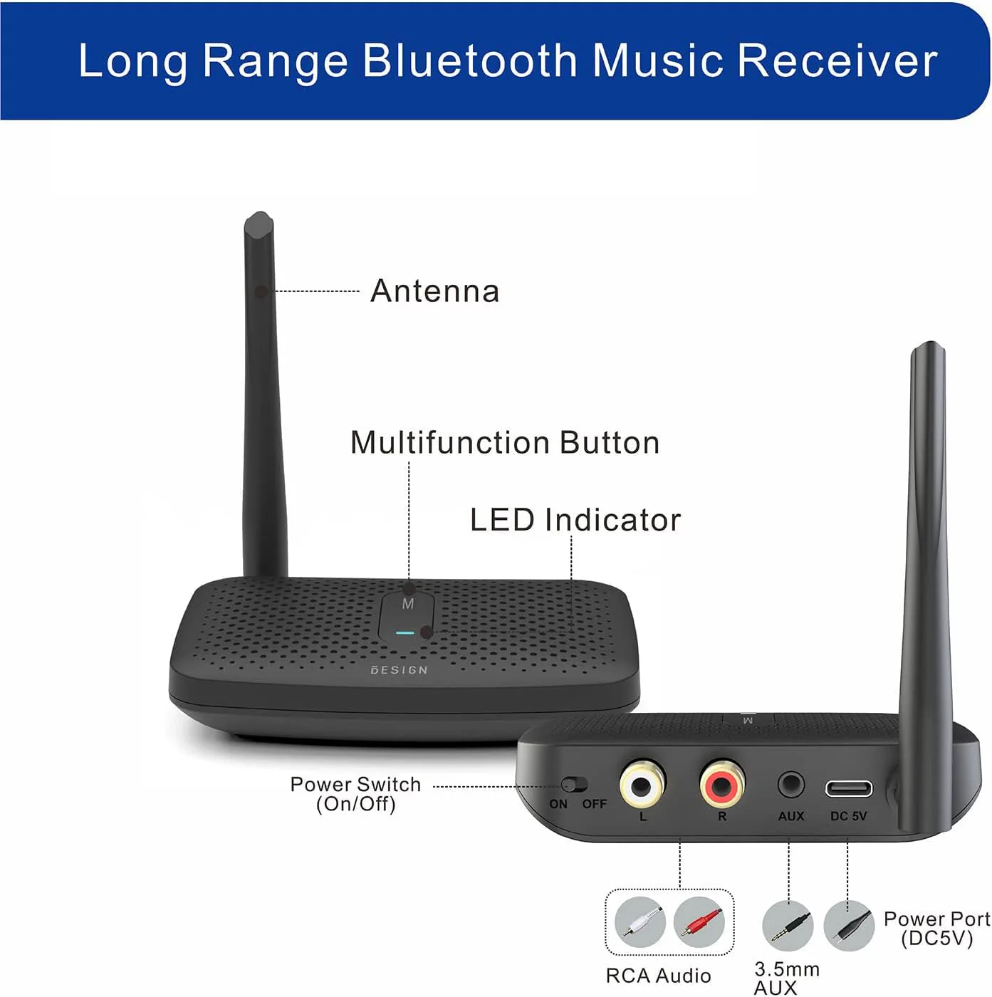 Besign BE-RCA Pro Long Range Bluetooth Adapter for Bluetooth Music Streaming, Black - Image 2