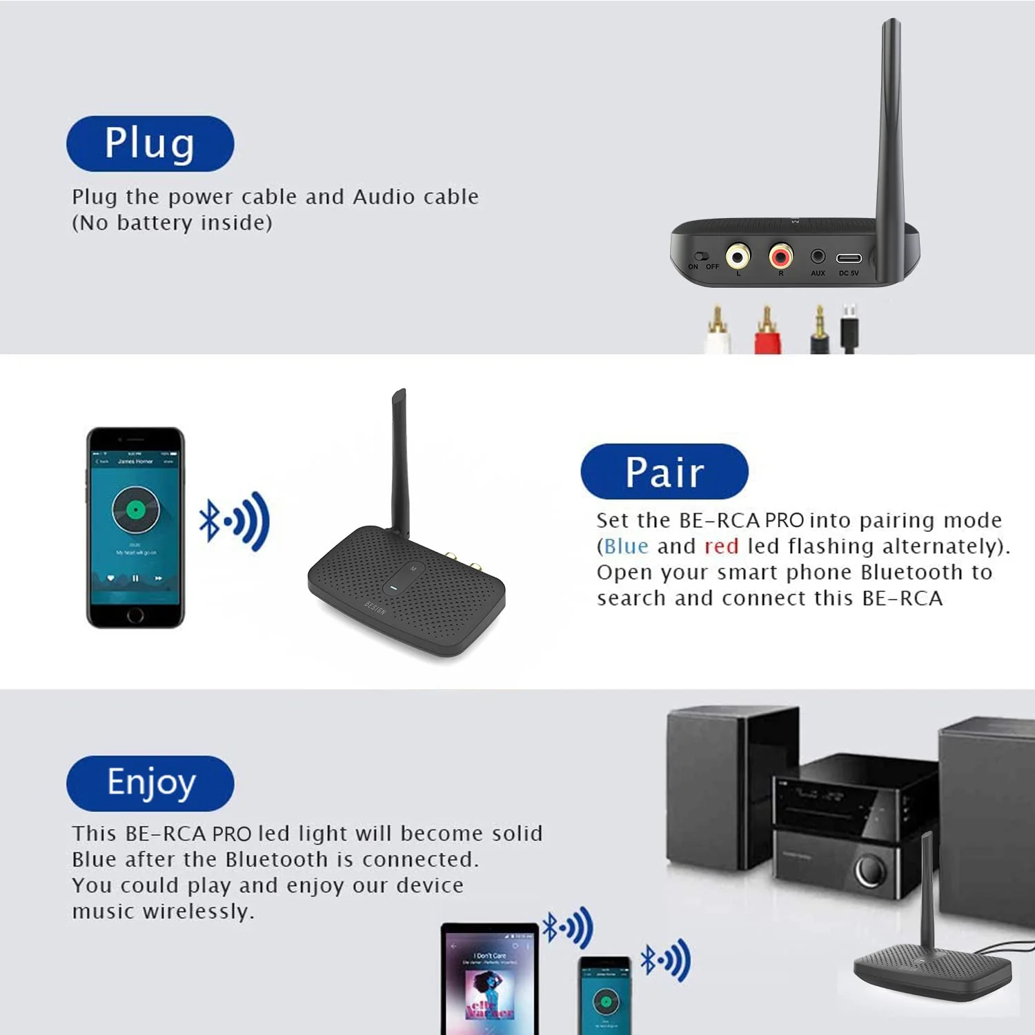 Besign BE-RCA Pro Long Range Bluetooth Adapter for Bluetooth Music Streaming, Black - Image 3