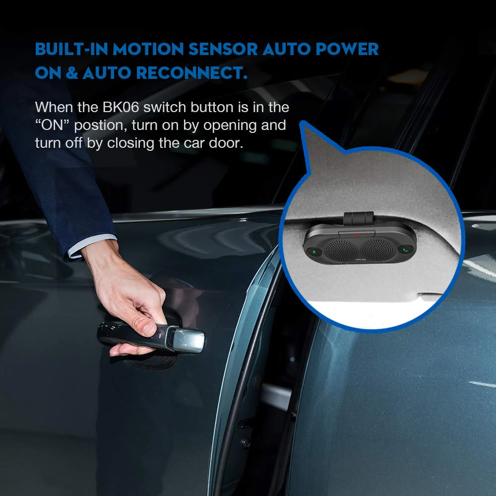 Besign BK06 Bluetooth 5.0 in Car Speakerphone with Visor Clip, Wireless Car Kit for Handsfree Talking, Motion Auto On, Siri Google Assistant Support, Dual 2W Speakers Metal Gray - Image 4