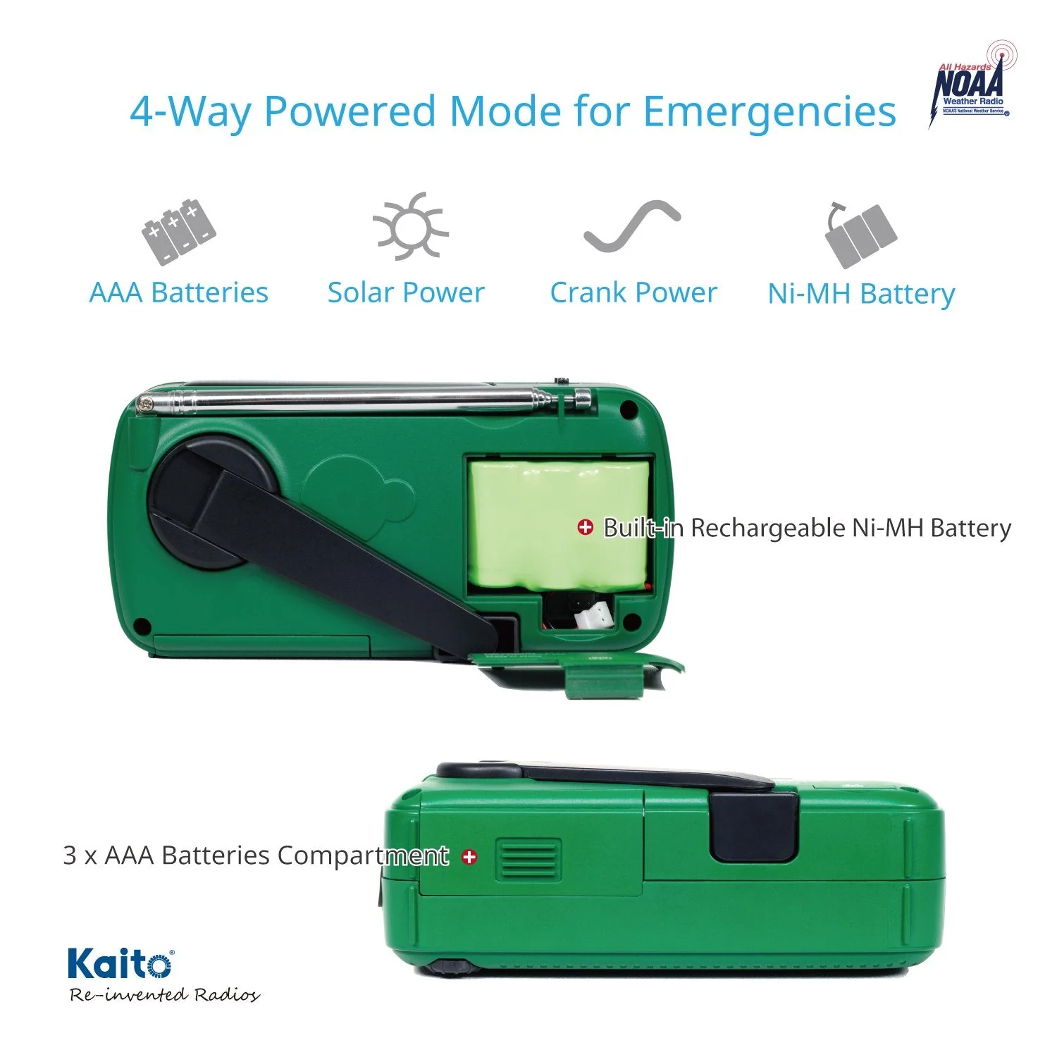 Best NOAA Portable Solar/Hand Crank AM/FM, Shortwave & NOAA Weather Emergency Radio with USB Cell Phone Charger & LED Flashlight (Green) - Image 4