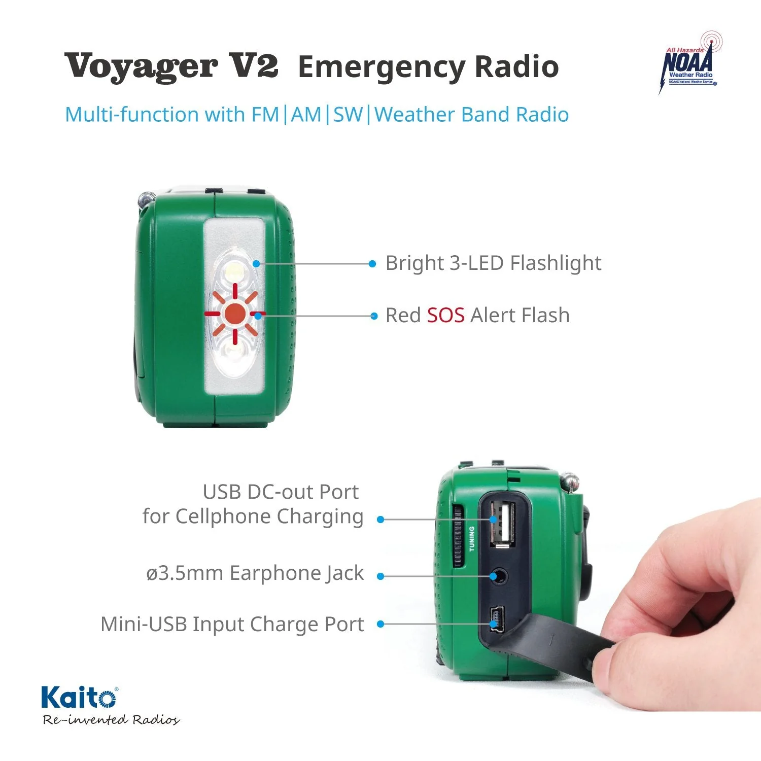 Best NOAA Portable Solar/Hand Crank AM/FM, Shortwave & NOAA Weather Emergency Radio with USB Cell Phone Charger & LED Flashlight (Green) - Image 5