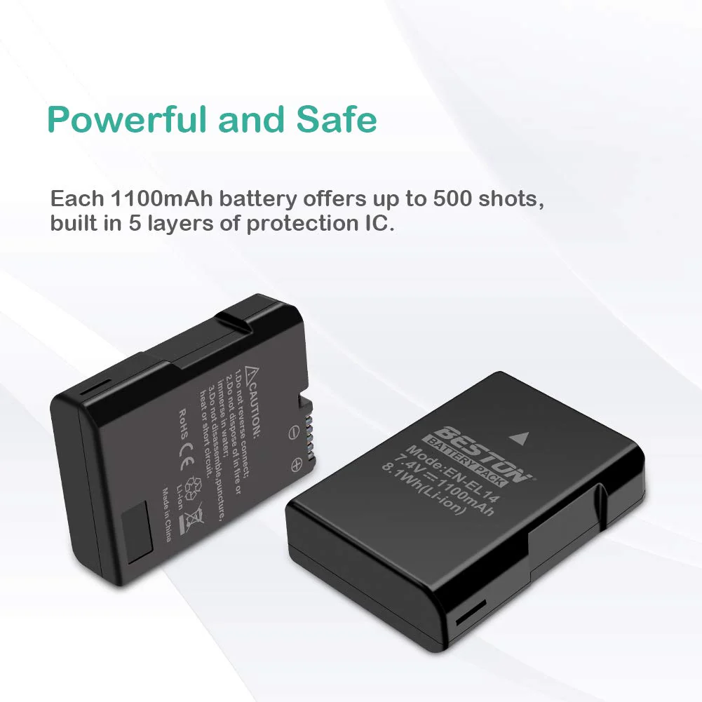 BESTON 2-Pack EN-EL14 / EN-EL14a Battery Packs and Rapid USB Charger for Nikon D3100 D3200 D3300 D3400 D3500 D5100 D5200 D5300 D5500 D5600 DF Coolpix P7000 P7100 P7700 P7800 Cameras - Image 2