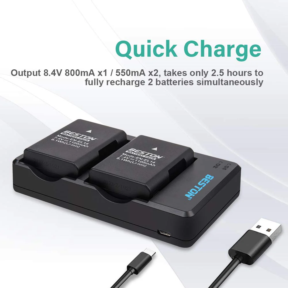 BESTON 2-Pack EN-EL14 / EN-EL14a Battery Packs and Rapid USB Charger for Nikon D3100 D3200 D3300 D3400 D3500 D5100 D5200 D5300 D5500 D5600 DF Coolpix P7000 P7100 P7700 P7800 Cameras - Image 5