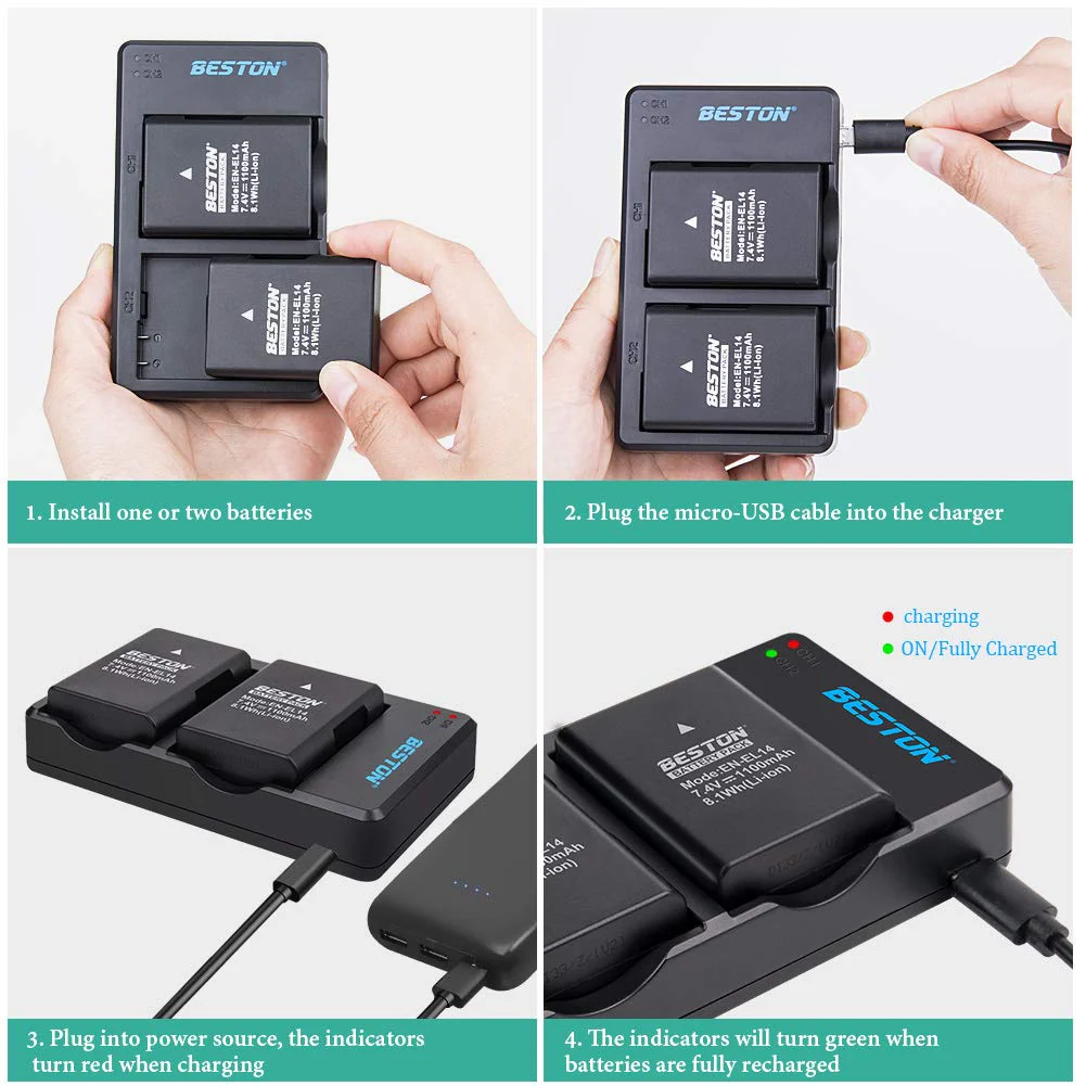 BESTON 2-Pack EN-EL14 / EN-EL14a Battery Packs and Rapid USB Charger for Nikon D3100 D3200 D3300 D3400 D3500 D5100 D5200 D5300 D5500 D5600 DF Coolpix P7000 P7100 P7700 P7800 Cameras - Image 6