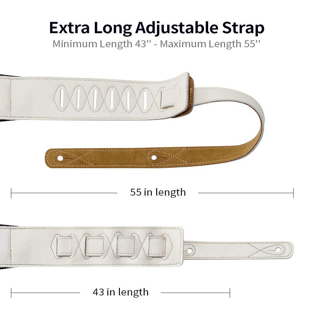 BestSounds Genuine Leather Guitar Strap for Electric & Acoustic Bass Guitar, White Padded Guitar Strap - Image 2